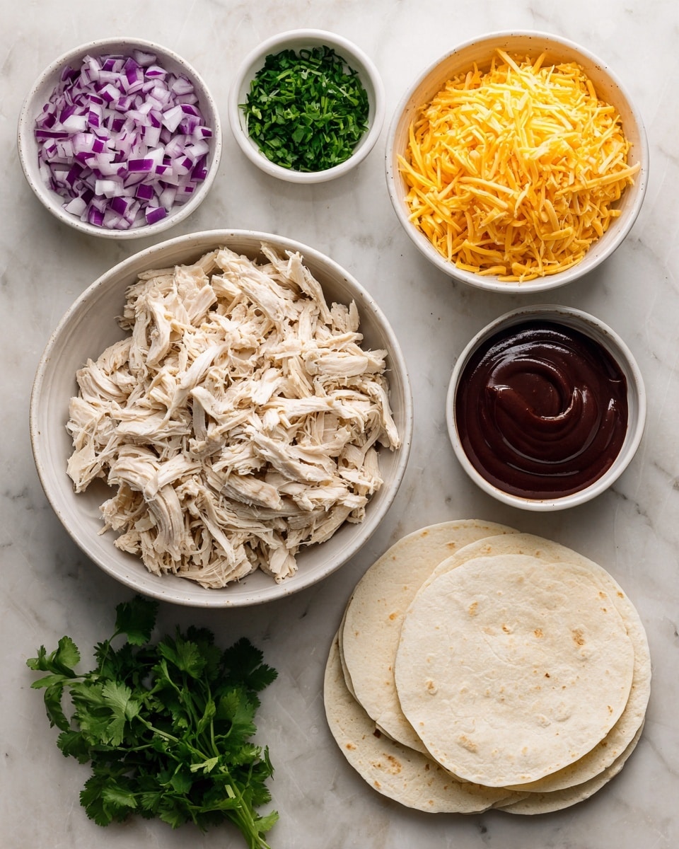 The image shows a white marbled surface with several small white bowls arranged neatly. One bowl is filled with shredded cooked chicken, light beige in color with soft texture. Another bowl contains finely chopped purple onions, bright and fresh. There is a bowl of shredded orange cheddar cheese, fluffy and rich. Small green cilantro leaves are in another bowl, vibrant and fresh. A bowl of dark brown barbecue sauce sits nearby, smooth and shiny. At the bottom right, there are several pale white flour tortillas stacked in a fan shape. The scene is clean and organized, ready for assembling a meal. photo taken with an iphone --ar 4:5 --v 7