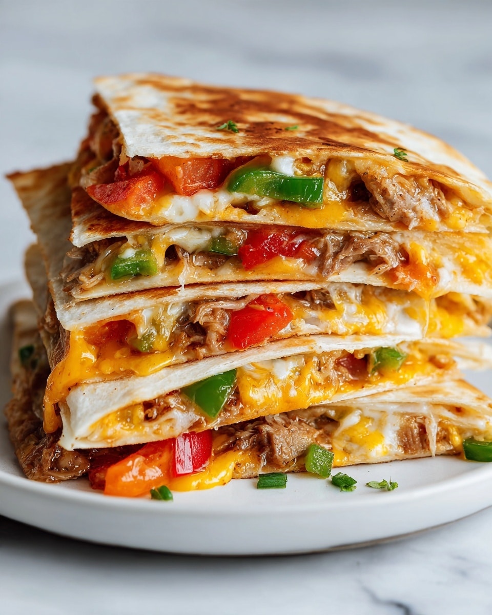 The image shows a stack of four quesadilla pieces on a white plate. Each quesadilla layer has a golden-brown, lightly toasted soft tortilla folded over a colorful filling. The filling includes melted yellow cheese that looks soft and stringy, bright red tomato pieces, small chunks of orange cooked meat, and green bell pepper slices. The quesadilla layers are thick, with the fillings spilling out slightly at the sides. The plate sits on a white marbled surface. photo taken with an iphone --ar 4:5 --v 7
