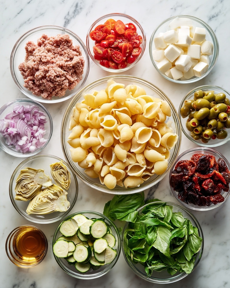 A large clear bowl in the center holds uncooked shell pasta, light yellow in color with a smooth texture. Around it, smaller clear bowls contain different ingredients arranged neatly on a white marbled surface: at the top left, ground meat in a small bowl with a pinkish-red tone; next to it, cubed white cheese; then small white mozzarella balls in another bowl; to the right, sliced green olives with red pimento; below that, sun-dried tomatoes that are dark red and wrinkled; next bowl contains pale green artichoke pieces; below is a bowl of fresh green salad leaves with a mix of lighter and darker greens; to the bottom left, a bowl holds sliced green zucchini rounds; next to it, a bowl with quartered red cherry tomatoes; to the left of the pasta bowl is a small bowl of chopped purple shallots and a small glass with light brown liquid, probably dressing. A few green basil leaves are placed alongside the pasta bowl. photo taken with an iphone --ar 4:5 --v 7