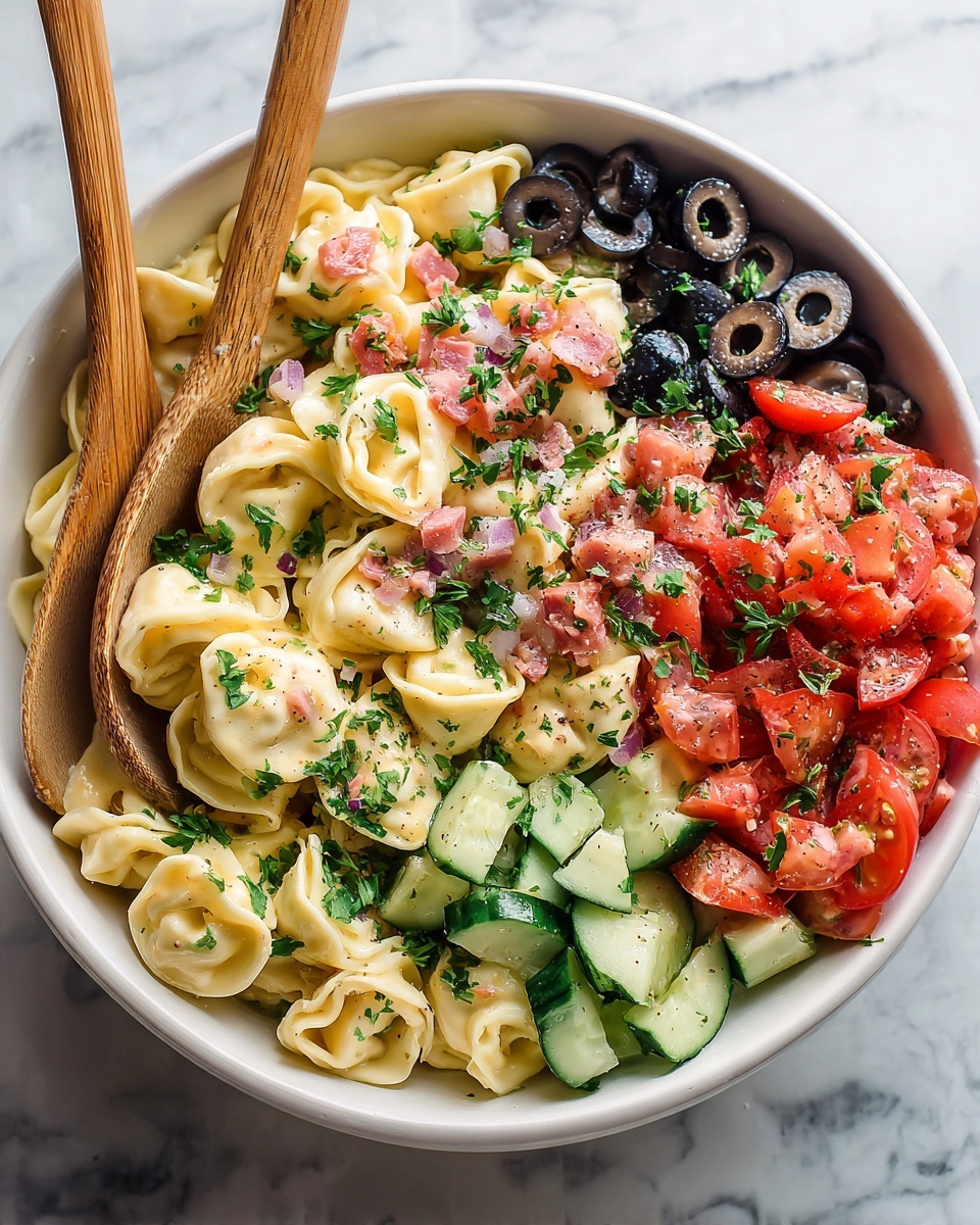 The image shows a white bowl filled with a colorful tortellini salad. The salad has about four layers visible: the bottom layer is creamy colored tortellini pasta with a soft, smooth texture. The second layer consists of shiny black olive slices scattered evenly. The third layer includes diced red tomatoes and cucumber pieces, adding bright red and pale green colors with a fresh and crisp look. The top layer is sprinkled with small bits of pink meat, and finely chopped green parsley adds a fresh touch with its leafy texture. Two wooden salad spoons rest inside the bowl, partially immersed in the salad on the left side. The bowl sits on a white marbled surface. photo taken with an iphone --ar 4:5 --v 7
