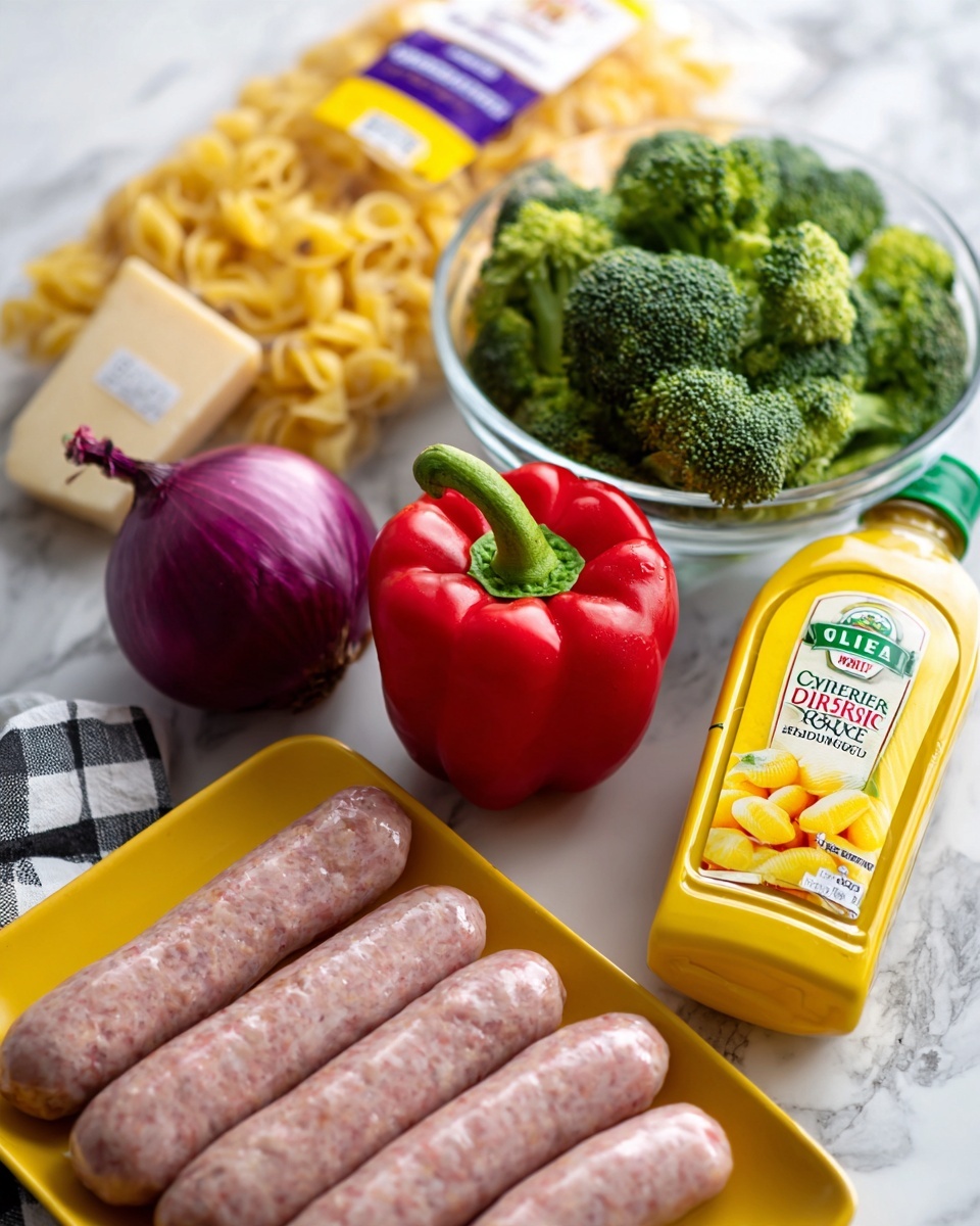 The image shows a collection of fresh cooking ingredients arranged on a white marbled surface. There is a clear glass bowl filled with bright green broccoli florets positioned on the right side. Next to the bowl is a tall, yellow bottle of Olive Garden Italian dressing with a green cap. In front of the dressing bottle lies a wedge of hard cheese with a label on it. Toward the left side, a red bell pepper with a shiny, smooth surface sits prominently. Behind the pepper, there is a purple onion with some roots attached. Lying in front of the onion is a yellow tray holding five raw sausages, light pink with visible fat specks. Behind all the fresh produce and meat, a package of cheese tortellini pasta is set upright, showing the cheese-filled rings clearly through the packaging. The background surface is a white marbled texture, with a folded checkered cloth placed near the onion. The overall scene is bright and well-lit, emphasizing the fresh quality of the ingredients, photo taken with an iphone --ar 4:5 --v 7