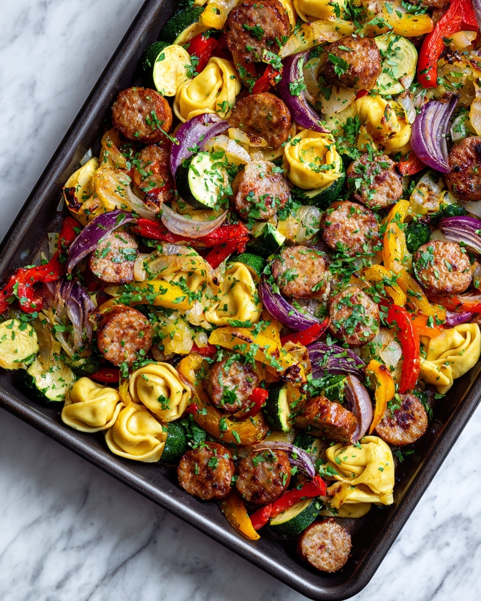A close-up view of a baking tray filled with a colorful mix of cooked food layers including yellow tortellini, round slices of browned sausage, and various sautéed vegetables. The vegetables include red and yellow bell pepper strips, green zucchini slices, and bits of purple onion, all tossed together and sprinkled with chopped green herbs on top for a fresh touch. The tray rests on a white marbled surface, and the scene shows a warm, inviting meal with different textures and vibrant colors. Photo taken with an iphone --ar 4:5 --v 7
