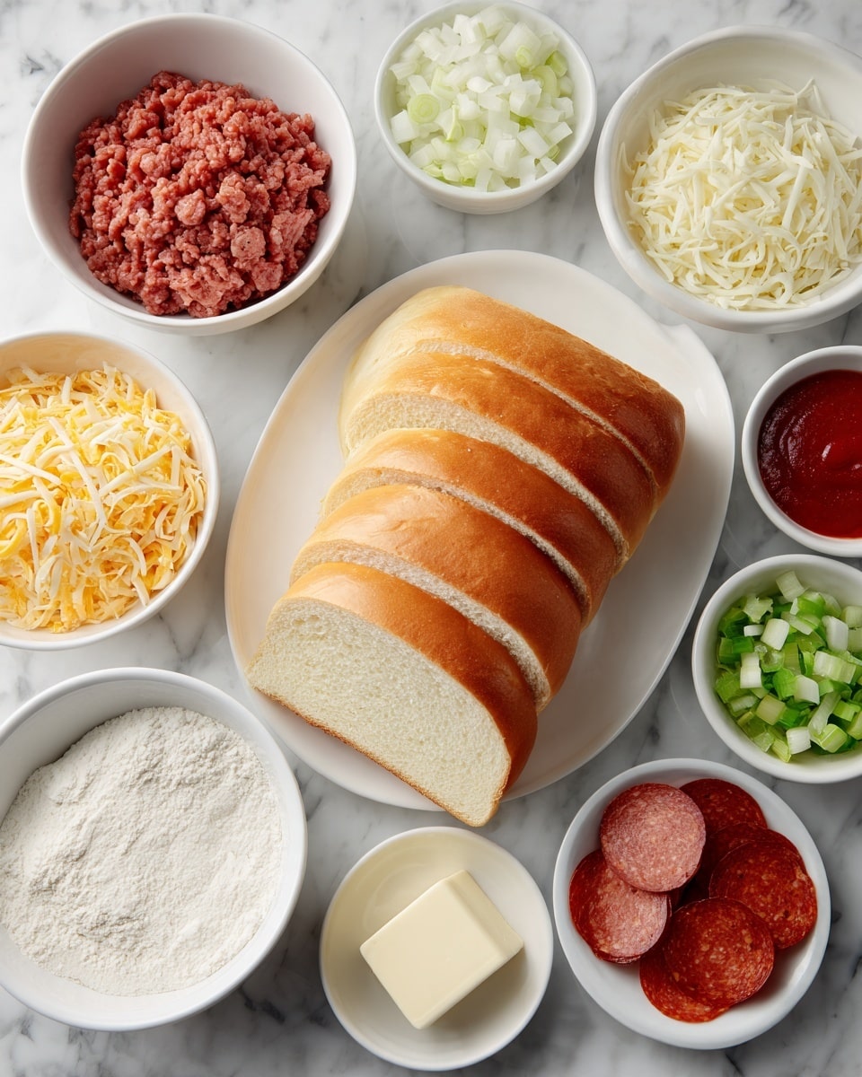 The image shows several bowls and a white plate arranged on a white marbled surface. In the center, a white plate holds a loaf of bread sliced into even pieces, displaying a light golden crust and soft interior. Surrounding the plate are multiple white bowls containing various ingredients: one bowl with raw ground meat in a reddish-brown shade, another with finely diced white onions, a bowl filled with shredded pale yellow cheese, a small bowl with a bright red sauce, another bowl with finely chopped green celery, one bowl with round, thin red slices of pepperoni, a small bowl of white flour, and a small cube of butter resting directly on the surface below the bread plate. All items are spaced neatly, showing clear textures and colors on the white marbled background. photo taken with an iphone --ar 4:5 --v 7
