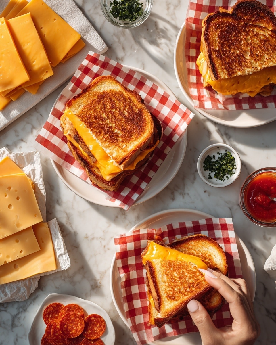 The image shows three grilled cheese sandwiches on white plates lined with red and white checkered paper. Two whole sandwiches are stacked on one plate, with golden brown toasted bread showing a nice crust. A third sandwich is on another plate, cut into four parts, revealing vibrant orange melted cheese inside. Around the plates, there are stacks of yellow cheese slices, a small glass bowl with red sauce, a small bowl with round pepperoni slices, and a small bowl with chopped green herbs. The background features a white marbled surface, and a woman's hand is gently pulling apart one sandwich piece. photo taken with an iphone --ar 4:5 --v 7