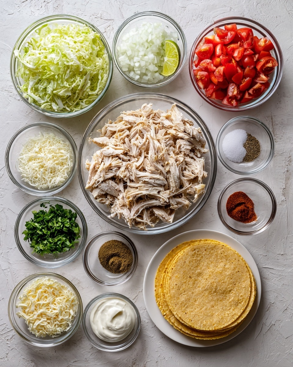 The image shows a white marbled surface with several glass bowls and a white plate arranged neatly. In the center, there is a medium-sized glass bowl filled with shredded cooked chicken. To the left, a medium glass bowl contains shredded lettuce, and above it, a small glass bowl holds chopped white onions. Above the chicken, a medium glass bowl is full of chopped red tomatoes. On the right side, a white plate holds a stack of yellow corn tortillas. Small glass bowls with various ingredients form a semi-circle around the chicken bowl: chopped green herbs, shredded white cheese, sour cream, lime juice, and a few spice powders including red and brown powders. A small bowl with salt and one with black pepper are also visible. Everything is evenly spaced and well-lit, photo taken with an iphone --ar 4:5 --v 7