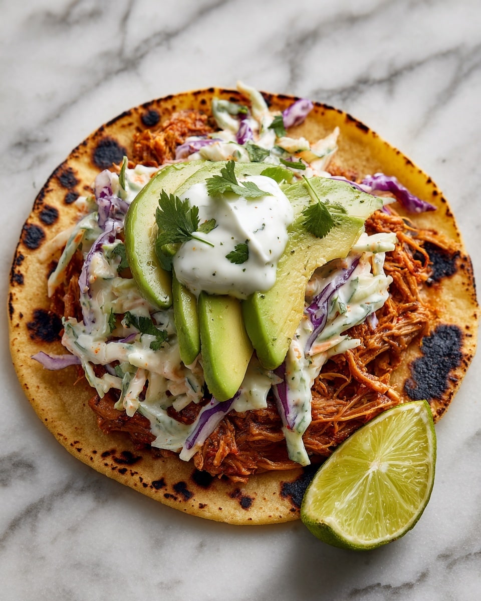 A single grilled corn tortilla with a few dark char marks holds four main layers: at the bottom, a shredded reddish-brown meat layer; on top of it, light creamy coleslaw with visible pieces of purple, white, and orange cabbage mixed with herbs; alongside, three slices of bright green avocado; finishing with a dollop of white sour cream topped with a small green herb leaf. A wedge of fresh lime with textured green peel sits near the tortilla on a white marbled surface. Photo taken with an iphone --ar 4:5 --v 7