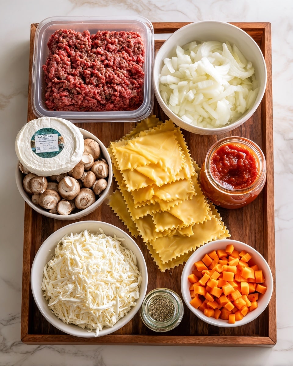 A wooden tray holds all the ingredients neatly arranged against a white marbled surface. At the top left is a package of organic ground beef with a dark red color and smooth texture. To the right, in a clear white bowl, chopped white onions fill the space. Below the beef, a white bowl is full of small, brown, sliced mushrooms with a rough texture. In the center, stacks of yellow, uncooked lasagna sheets with ruffled edges overlap in layers. Next to the pasta on the right is a clear glass jar of red marinara sauce with the label facing forward. Below the mushrooms is a white bowl containing shredded white cheese, soft and fluffy looking. At the bottom left, there is a round container of white ricotta cheese with a green and blue label. A small green spice bottle lies next to it with dried herbs inside. Finally, a small white bowl filled with bright orange diced carrots sits at the bottom right. photo taken with an iphone --ar 4:5 --v 7