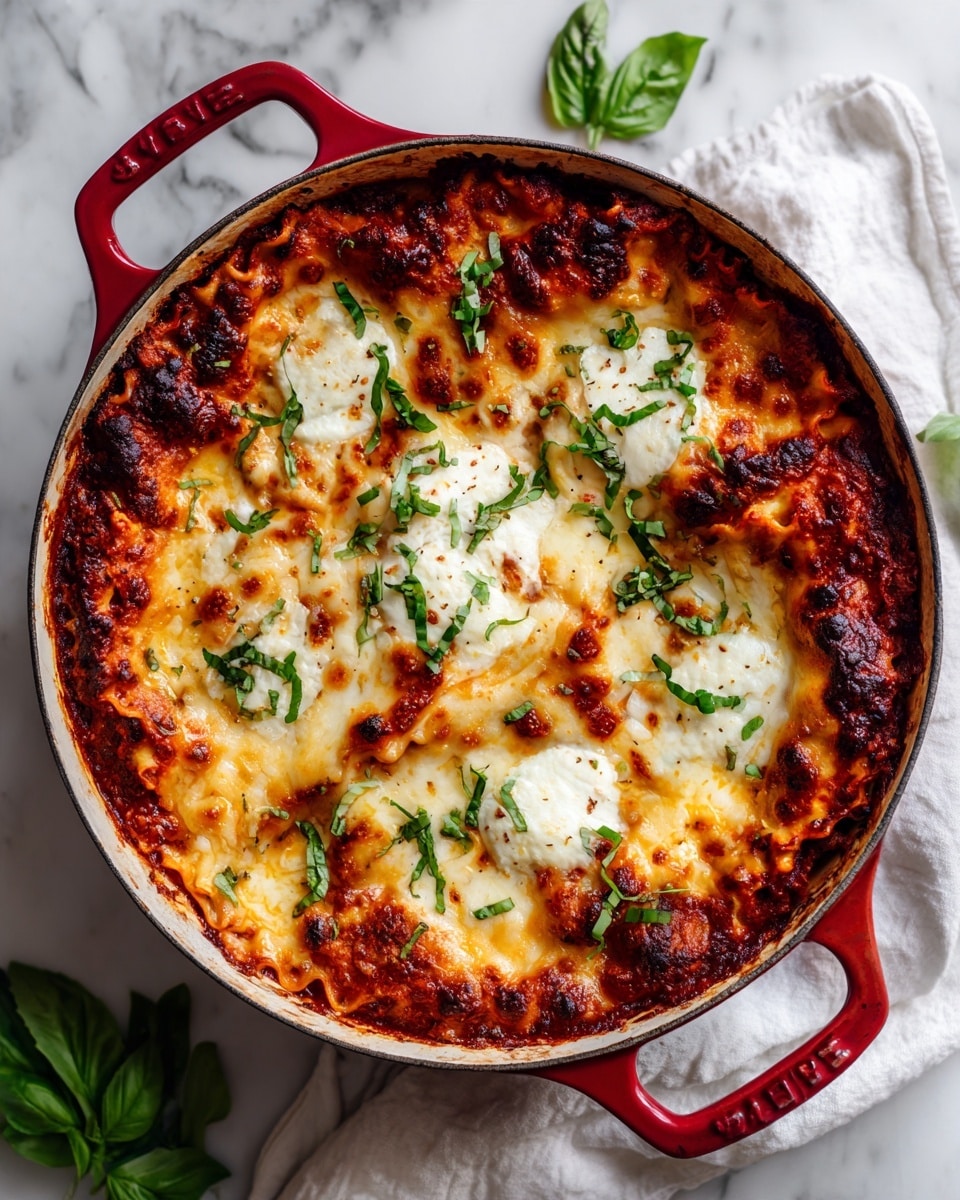 A round white pot with red handles holds a lasagna with multiple layers. The bottom layer is a rich, deep red tomato sauce visible around the edges. On top of that are thick layers of melted cheese that are golden brown and bubbly with some white creamy patches and slightly browned spots. Fresh, chopped green basil leaves are scattered unevenly over the top, adding brightness and contrast. The pot sits on a white cloth against a white marbled surface, with some fresh green basil leaves nearby. Photo taken with an iphone --ar 4:5 --v 7