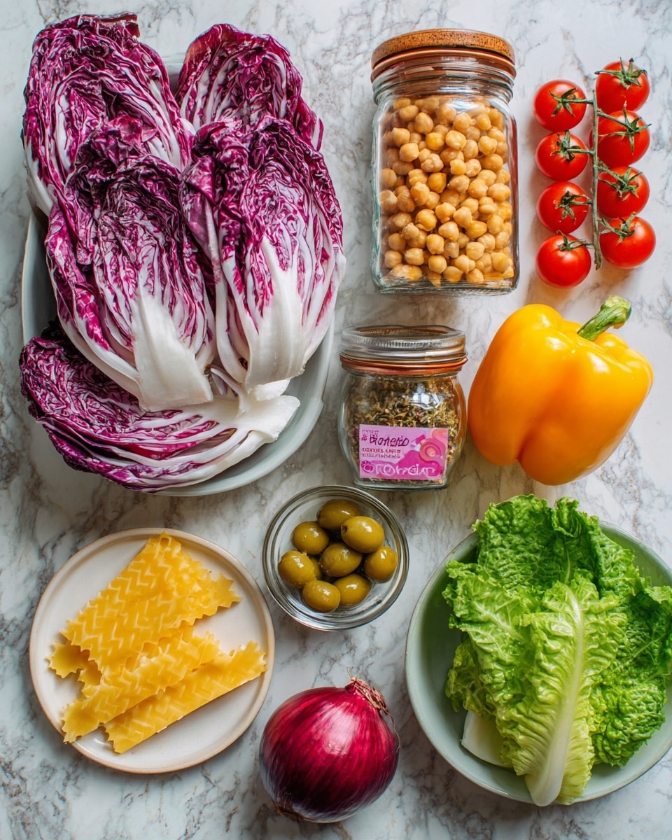The image shows ingredients on a white marbled surface. At the top, there is a white bowl filled with purple and white radicchio leaves. To the right of the bowl, there is a whole orange bell pepper. Below the bell pepper, there are two glass jars: one with chickpeas and the other with pepperoncini, both with brown lids. Next to these jars is a small jar of organic olives with a pink label. At the bottom right, there is a white bowl filled with green leafy lettuce. In the center bottom, a whole red onion sits on the marble. To the left, a small white plate holds two slices of yellow cheese. At the far left top corner, a bunch of red cherry tomatoes on the vine lies on the surface. Beside the tomatoes, a box of Bionatuna fusilli rice and lentil pasta with a dark green label stands upright. photo taken with an iphone --ar 4:5 --v 7