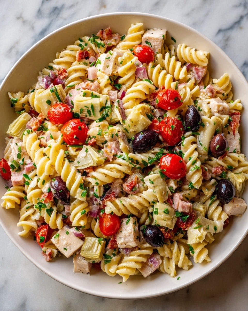 This dish is a large white bowl filled with a colorful pasta salad on a white marbled surface. The salad has three main layers: at the bottom, there are tan-colored spiral pasta pieces that are twisted and textured. Mixed throughout are chunks of light beige cheese and pinkish-red cubes of meat. Bright red, halved cherry tomatoes are scattered across the top along with black olives that are shiny and round. There are also pieces of pale green artichoke hearts and small green herbs sprinkled evenly over the salad, adding a fresh touch. The mix looks fresh and vibrant with a variety of shapes and colors that stand out clearly. Photo taken with an iphone --ar 4:5 --v 7