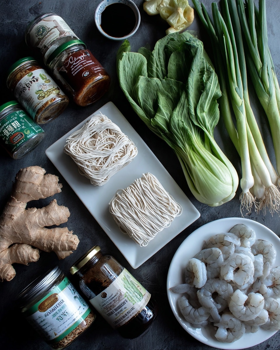 The image shows an organized flat lay of cooking ingredients on a dark surface, featuring two square noodle blocks with wavy texture in the center. To the right, there is a white plate filled with peeled raw shrimp that have a light pink and gray color. Around these are several fresh green vegetables including bok choy and green onions with long, thin leaves and stalks, adding a bright green contrast. There is a large piece of ginger with a rough, light brown skin near the bottom left. Near the center are jars and cans with labels showing chili paste, soy sauce, and coconut milk, providing brown, red, and beige tones. The overall look is clean with fresh and dry ingredients arranged carefully for cooking. photo taken with an iphone --ar 4:5 --v 7