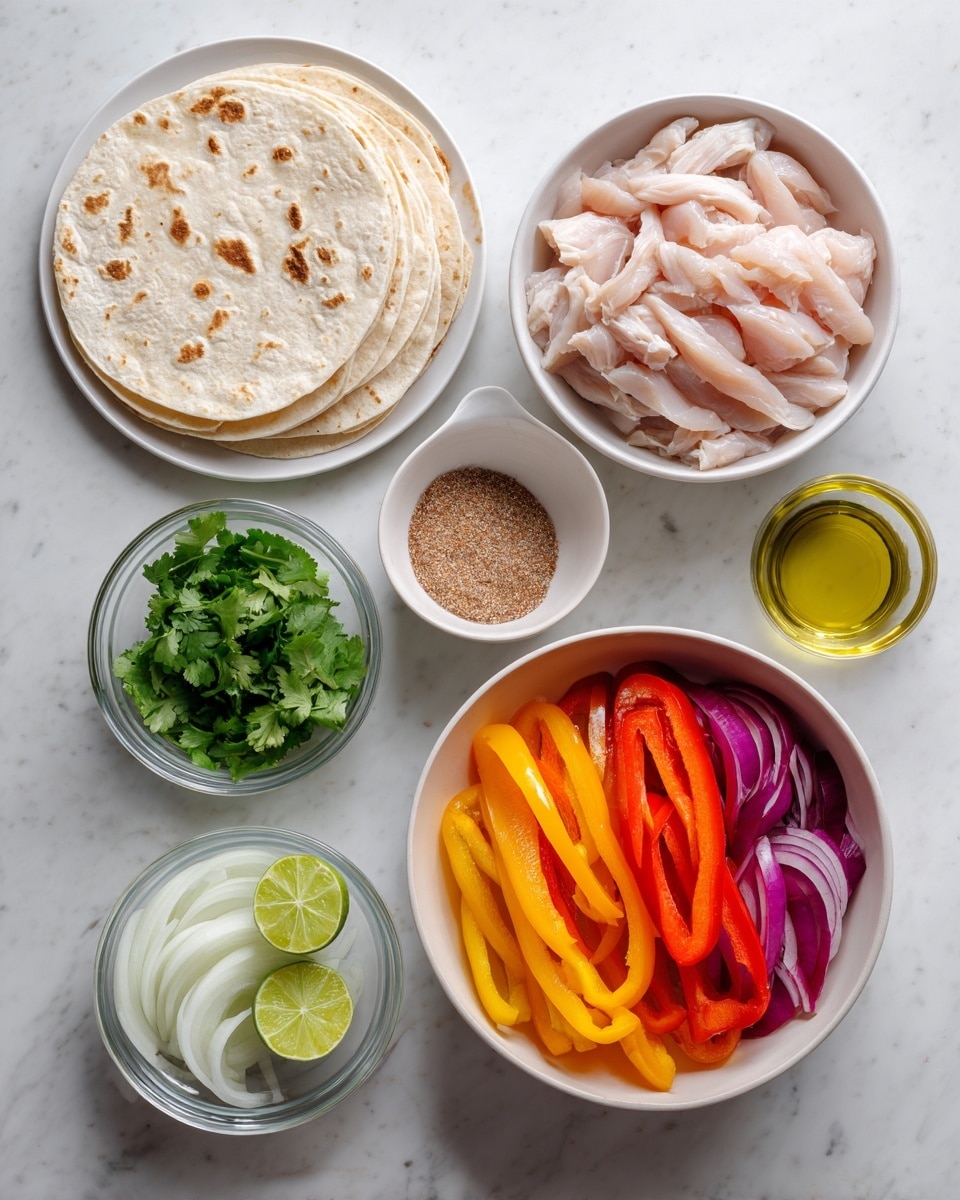 The image shows several white bowls and a white plate arranged on a white marbled surface. In the top right, a bowl is filled with raw, light pink strips of chicken. Below it, a small bowl holds a brown spice mix. To the left, a white plate has a stack of round flour tortillas with some light brown spots. Above it, a bowl contains thinly sliced white onion rings. Near the center, a large bowl has three layers of sliced bell peppers arranged side by side: red on the left, orange in the middle, and yellow on the right. Above this bowl, a small glass bowl holds fresh green cilantro leaves. To the left of the cilantro, there is a small container of olive oil, and next to it, a halved lime rests showing its pale green flesh. The whole layout is neat and colorful, emphasizing fresh and raw ingredients. photo taken with an iphone --ar 4:5 --v 7