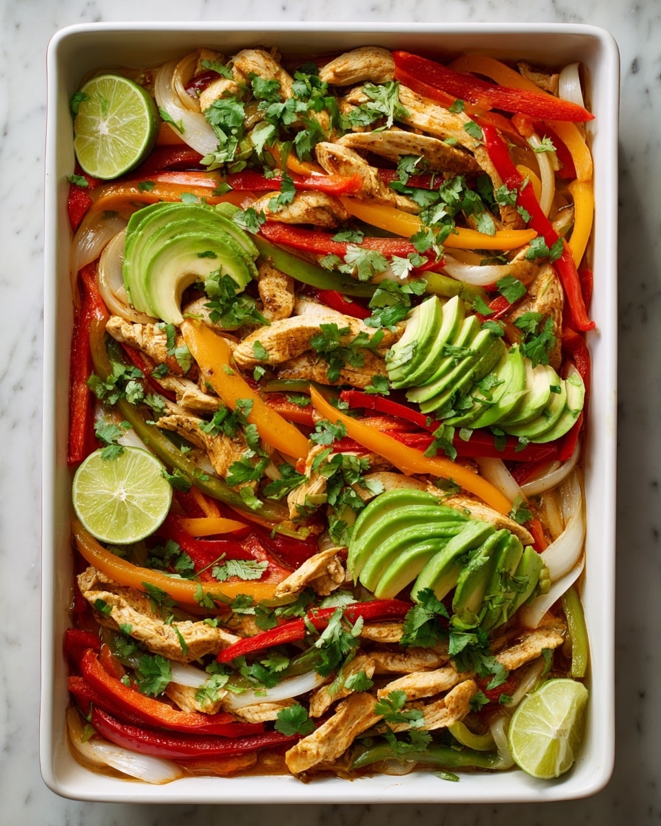 This image shows a white rectangular baking tray filled with several layers of food. The bottom layer has thin strips of red, orange, and green bell peppers mixed with white onion slices. On top of this, there are light brown, cooked chicken strips scattered evenly across the tray. Bright green slices of avocado rest on one side, with several lime wedges placed around the tray. Fresh green cilantro leaves are spread over the whole dish, adding color contrast. The tray sits on a white marbled surface. Photo taken with an iphone --ar 4:5 --v 7