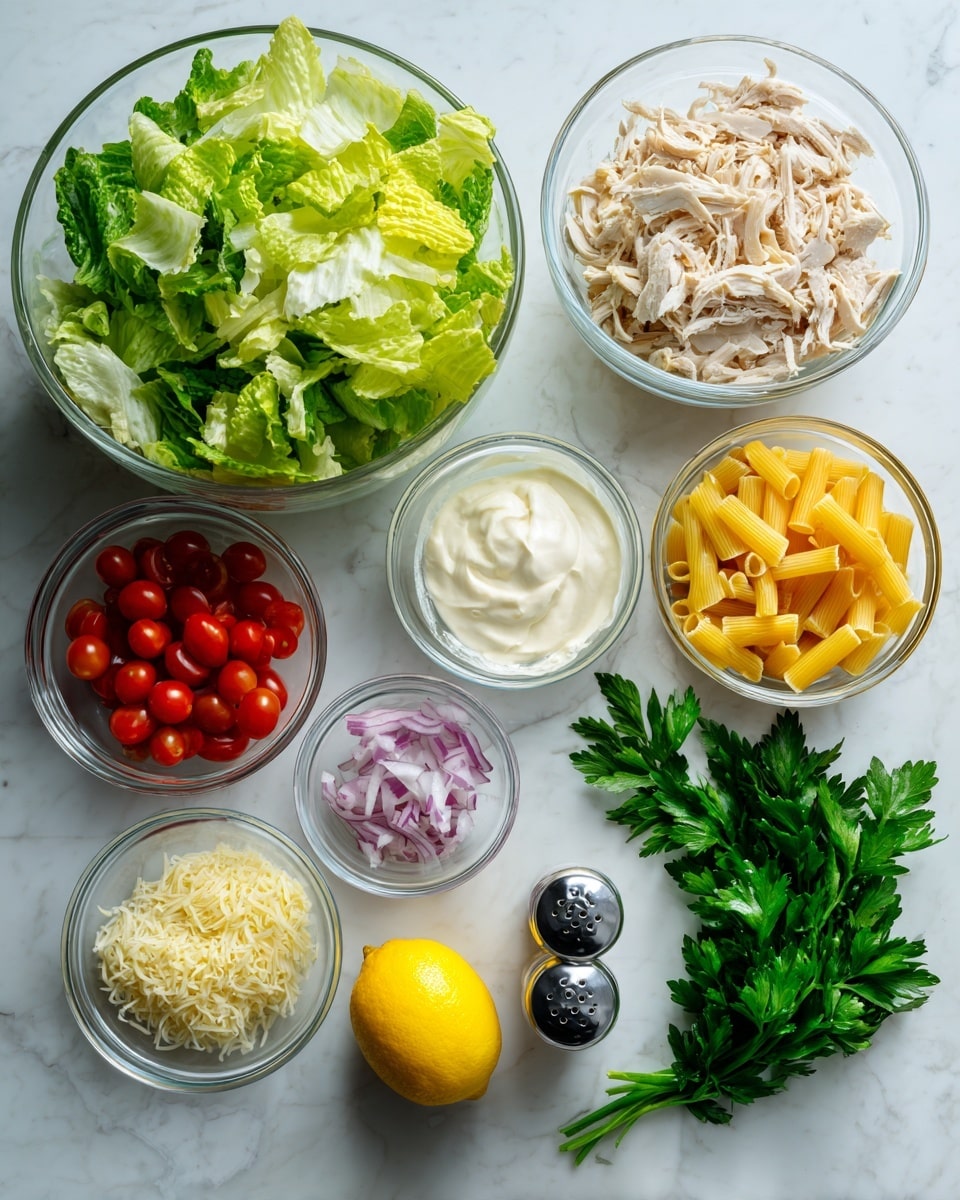 The image shows nine clear glass bowls and a small clear container arranged neatly on a white marbled surface. The largest bowl contains fresh green leafy lettuce, positioned on the left. Next to it are smaller bowls with shredded white chicken, golden croutons, grated white cheese, creamy white dressing, yellow raw penne pasta, thinly sliced red onions, and mixed red and yellow cherry tomatoes cut in half. In front of the bowls, there is a whole yellow lemon, a small salt and pepper shaker, and a sprig of fresh green parsley placed on the right side. The colors range from vibrant greens and reds to soft yellows and creamy whites, with a clean and fresh appearance. Photo taken with an iphone --ar 4:5 --v 7