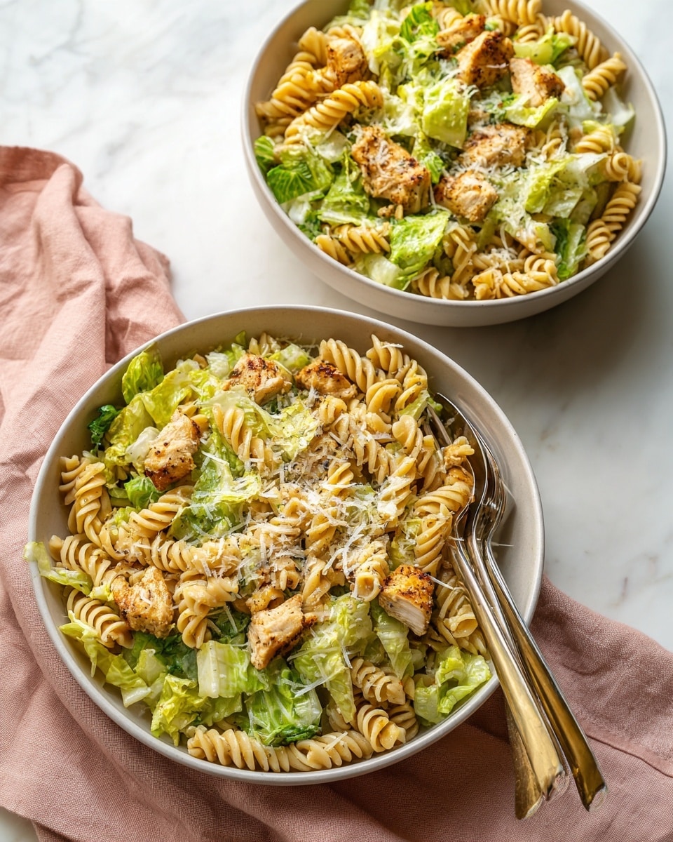 Two white bowls sit on a white marbled surface with a soft pink cloth underneath. Each bowl contains rotini pasta tossed with large pieces of light green lettuce and crispy golden brown grilled chicken pieces. The pasta is mixed evenly, and the dish is topped with a light sprinkle of grated cheese. Two metal spoons rest in the larger bowl, ready for serving. The colors are warm and inviting with a mix of pale green, golden brown, and creamy tones. Photo taken with an iphone --ar 4:5 --v 7
