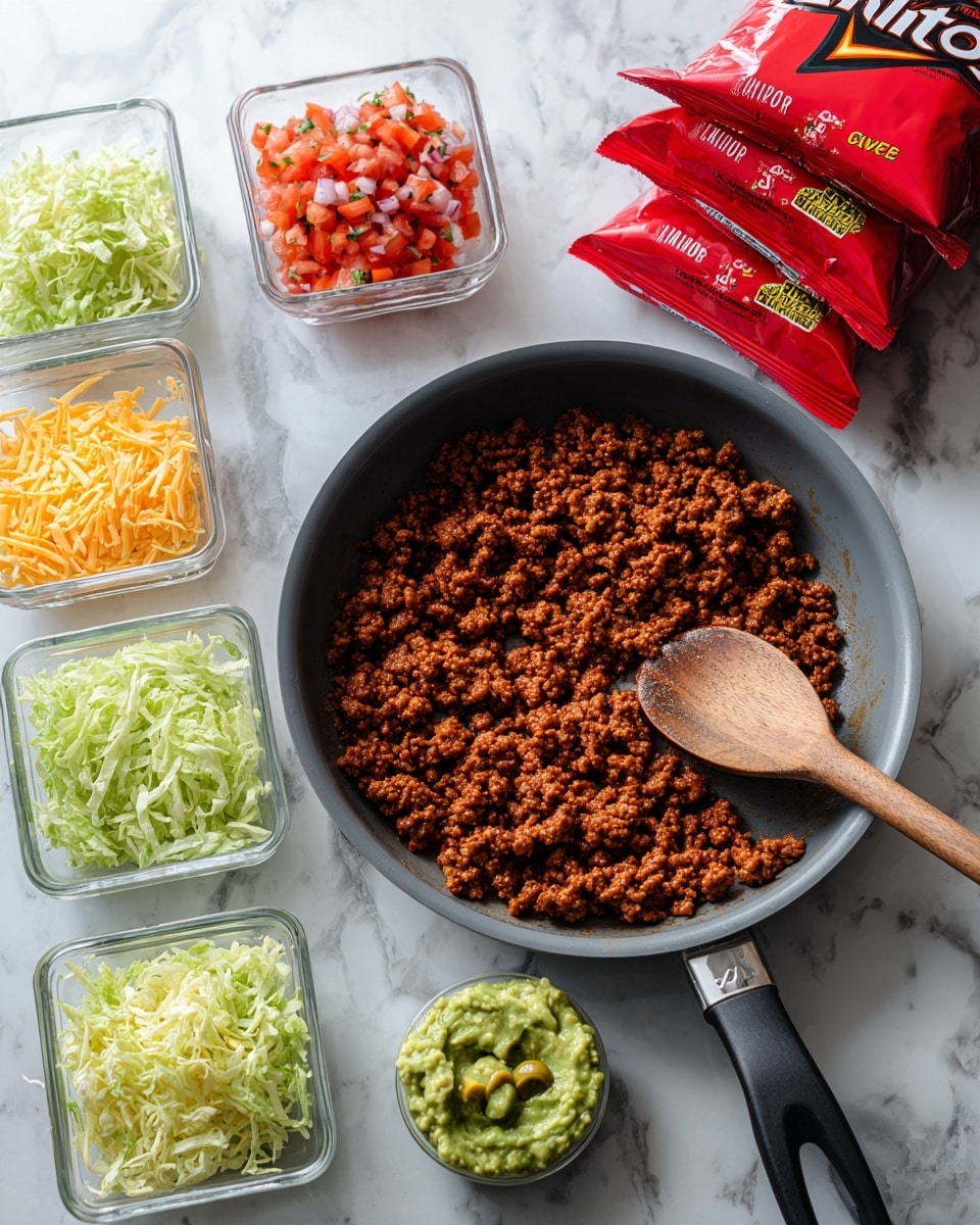 A gray frying pan filled with cooked brown ground meat and a wooden spoon rests on a white marbled surface; to the right, five red bags of Doritos Nacho Cheese chips are stacked. Below the pan, five clear square bowls are arranged in two rows on the white marbled surface: from left to right in the top row, a bowl of red, white, and green pico de gallo next to a bowl of shredded light green lettuce; in the bottom row, a bowl of smooth green guacamole to the left next to a bowl of shredded yellow and white cheese and to the right, a bowl of sliced black olives. photo taken with an iphone --ar 4:5 --v 7