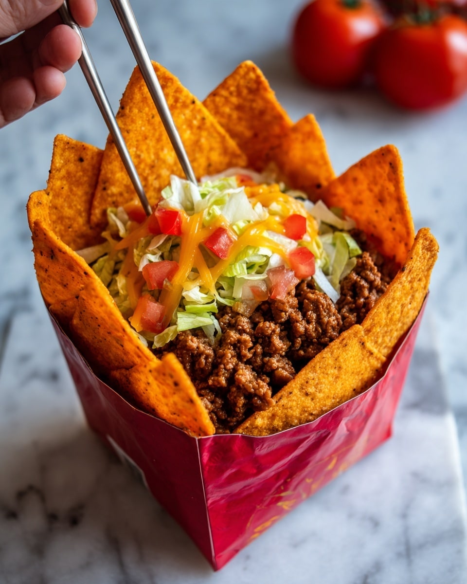 The image shows a red Doritos Nacho Cheese chip bag turned into a food container on a white marbled surface. The bag is open at the top, filled with layers of food. The first layer inside is crispy orange Doritos chips, standing upright around the edge. Next to the chips is a layer of cooked brown ground meat. Over the meat are small pieces of white onion and shredded light green lettuce, along with some diced red tomatoes. A woman's hand is holding metal chopsticks picking food from the bag. The background shows blurred red tomatoes. Photo taken with an iphone --ar 4:5 --v 7