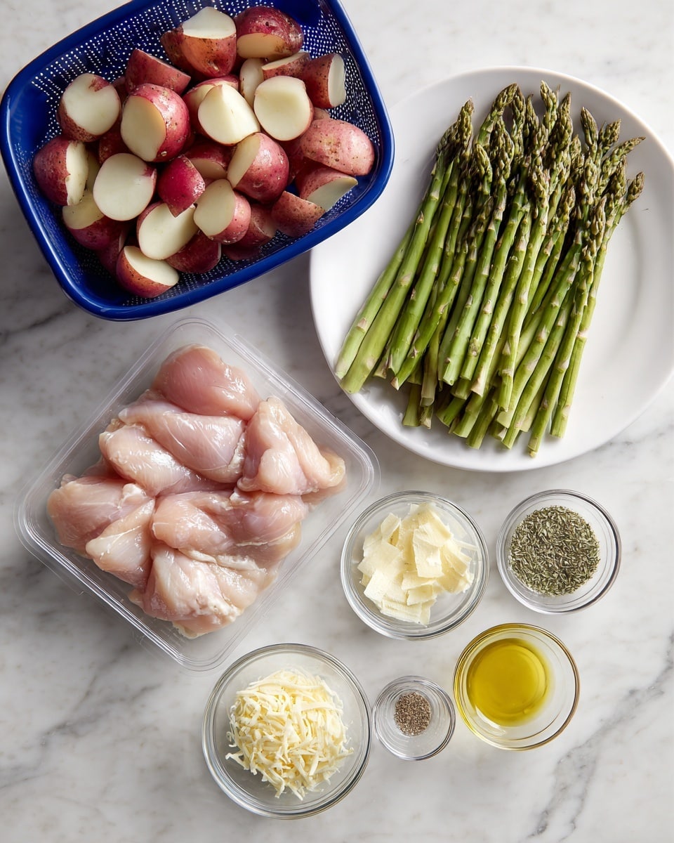The image shows raw chicken breasts in a clear plastic pack positioned at the bottom left. Above the chicken is a large blue colander filled with peeled and chopped red-skinned potatoes. To the right of the colander is a white plate stacked with fresh green asparagus. Below the asparagus and to the right of the chicken are five small clear bowls arranged neatly; from top left going clockwise, they hold shredded cheese, a light yellow powder, minced garlic, a small pool of golden oil, and a mix of salt and pepper. Between the shredded cheese and minced garlic bowls, there's a smaller bowl with dried herbs. All items are set on a white marbled surface. photo taken with an iphone --ar 4:5 --v 7