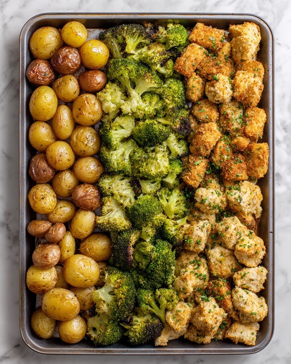The image shows a large baking tray filled with three main layers of food placed side by side. On the left side and top part is a layer of golden-brown roasted small potatoes, each cut in half, with a crispy texture. Below the potatoes, in the middle section, there is a layer of bright green roasted broccoli with slightly charred edges, giving a textured look. At the bottom right, there is a layer of breaded and baked chicken pieces, light golden with crunchy crumbs on the surface, sprinkled with green herbs. The tray is placed on a white marbled surface. photo taken with an iphone --ar 4:5 --v 7