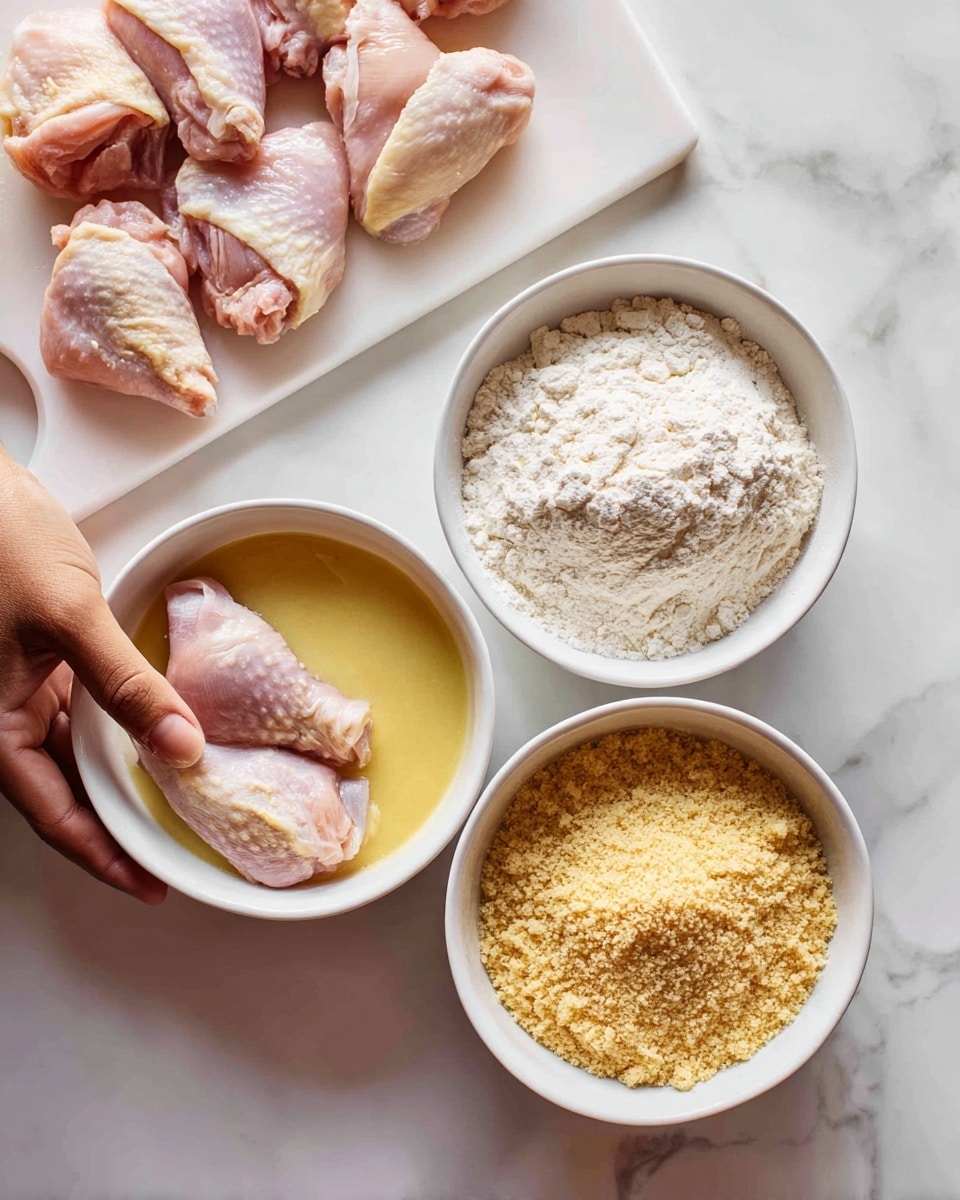 A top view shows three white bowls arranged in a triangle on a white marbled surface. The top right bowl contains raw chicken pieces covered in white flour. The bottom right bowl holds two chicken pieces dipped in a smooth, yellow egg wash. The bottom left bowl has coarse, golden breadcrumbs with one chicken piece being pressed into them by a woman's hand. To the left of these bowls is a white cutting board with several raw chicken pieces on it. The colors are soft and clean, with pale pink chicken contrasting against the white and yellow tones. photo taken with an iphone --ar 4:5 --v 7