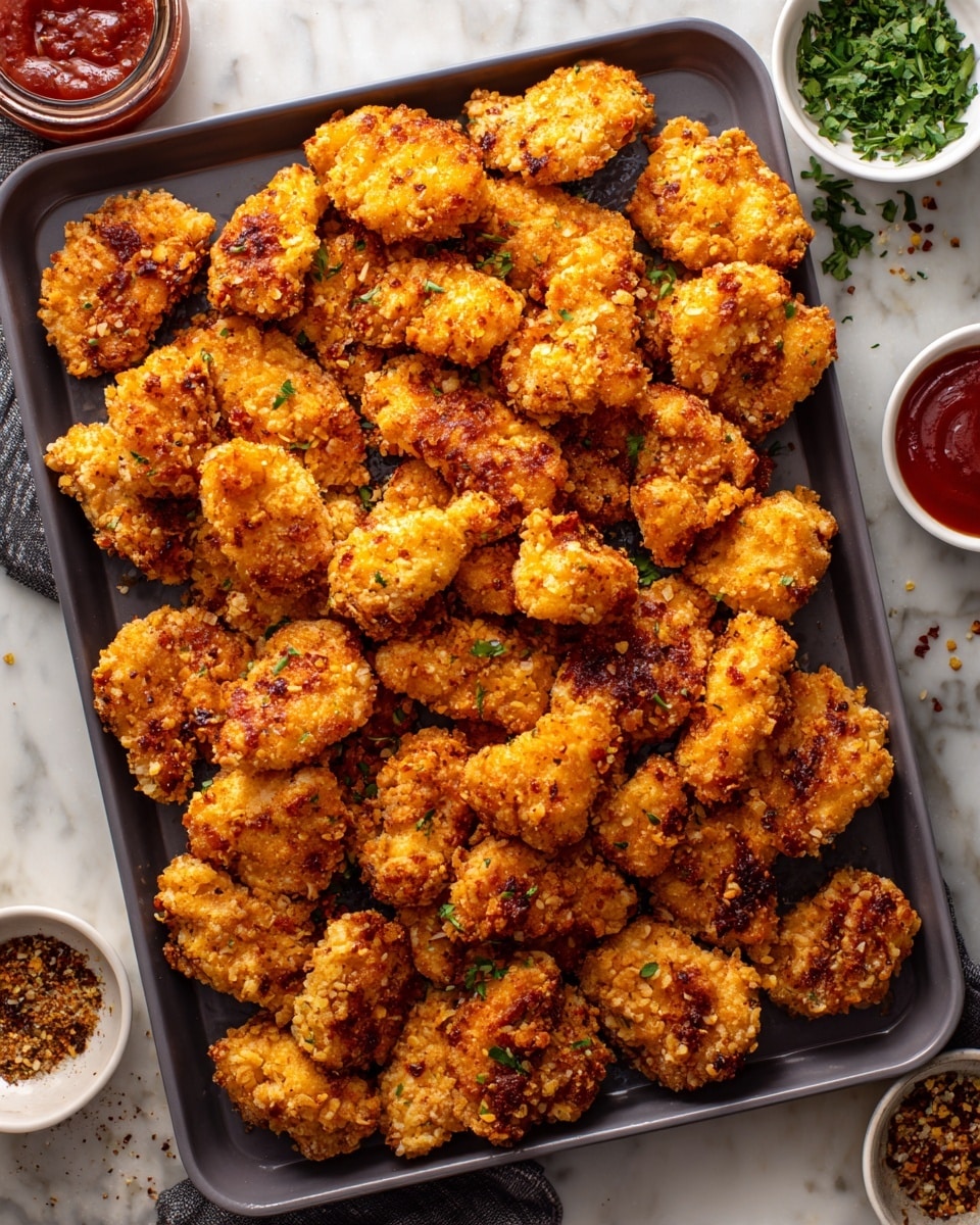 A dark gray baking tray filled with many small pieces of orange-brown crispy baked chicken, each piece having a crunchy, textured coating. The chicken pieces are spread closely but not touching, showing a mix of darker and lighter browned spots. Around the tray, on a white marbled surface, there are small white bowls with red sauce, some green herbs, breadcrumbs, and spices, adding some color contrast to the scene. The photo is evenly lit, highlighting the texture and golden color of the chicken pieces. photo taken with an iphone --ar 4:5 --v 7
