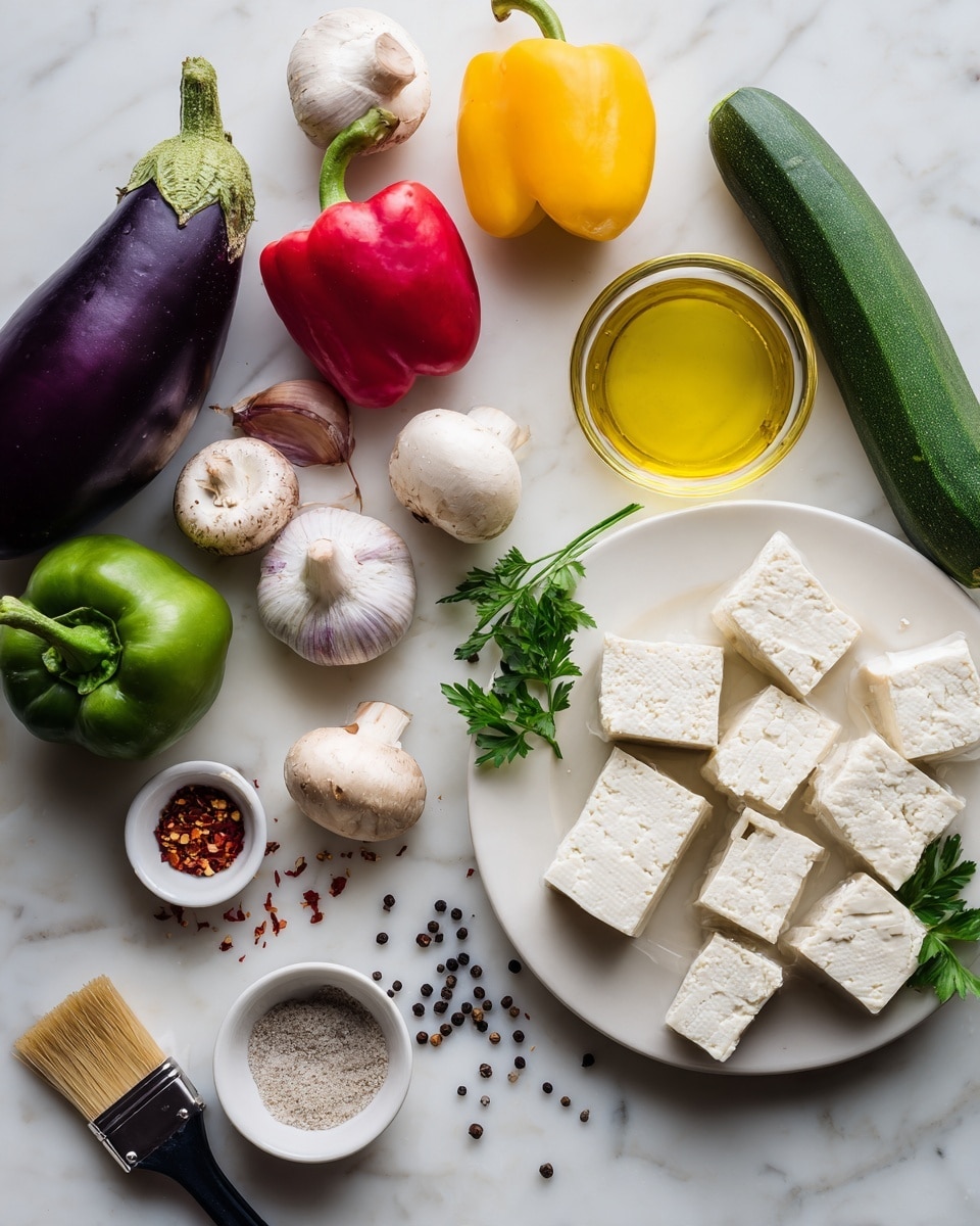 The image shows various fresh ingredients placed on a white marbled surface. There is a white plate on the right side filled with several square pieces of white tofu. Below it are some fresh parsley sprigs and scattered black peppercorns. To the left, a large purple eggplant and a green bell pepper are lying next to each other. Above these, there are two whole garlic cloves, a yellow bell pepper, a red bell pepper, three white mushrooms, and a small white dish with red chili flakes. Towards the bottom left corner, there is a small container with coarse salt and a brush with a black handle. On the right side, there is a clear glass bowl with yellow olive oil and a whole zucchini next to a red onion. The colors are bright and fresh, and the scene is well lit. photo taken with an iphone --ar 4:5 --v 7