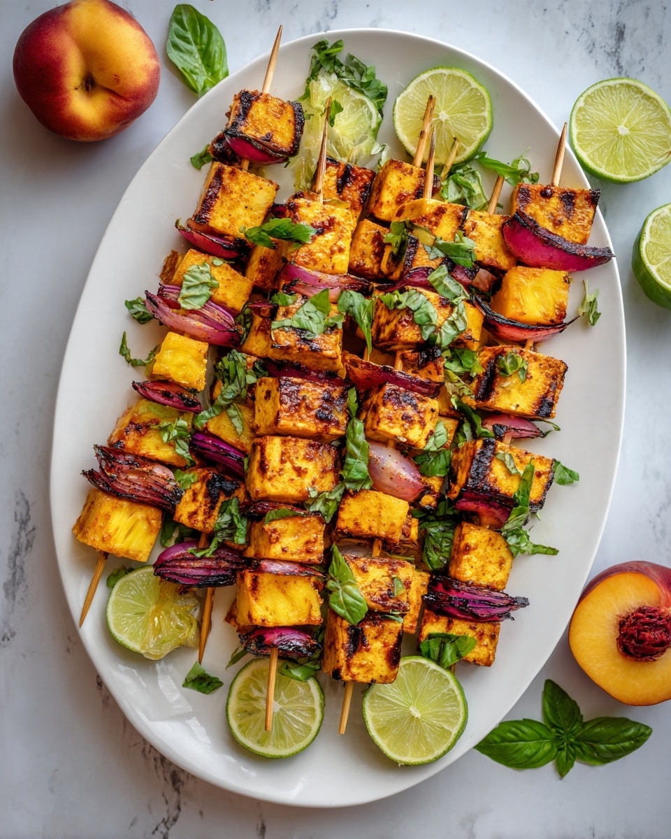 The image shows six skewers arranged in a white oval plate, each skewer holding three layers of golden-brown grilled tofu cubes, separated by charred reddish onion slices and orange-yellow pineapple chunks. Fresh green basil leaves are scattered on top of the skewers, adding a pop of color. On the sides of the plate, there are three lime wedges with a juicy and vibrant green color. The plate sits on a white marbled textured surface with some whole peaches and extra lime wedges partially visible around it. photo taken with an iphone --ar 4:5 --v 7