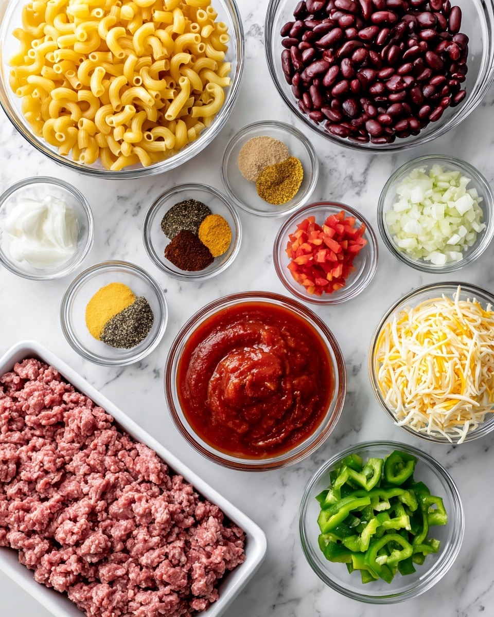 The image shows many small round glass bowls and white dishes on a white marbled surface, each filled with different ingredients for cooking. On the top left is a clear glass bowl filled with yellow elbow macaroni, just below it a clear bowl with dark red kidney beans, next to that on the right is a can of diced tomatoes, followed by a large clear bowl of red tomato sauce. Around these are small white dishes and colored glass bowls holding various spices including brown, yellow, black, and red powders. There are shredded white and orange cheeses in separate clear bowls, finely chopped onions and green bell peppers in small clear bowls, and minced garlic in a small glass bowl. At the bottom left is a rectangular white dish with raw pink ground meat layered smoothly. The ingredients are neatly arranged, showing a bright mix of colors and textures, all on a clean white marbled background photo taken with an iphone --ar 4:5 --v 7