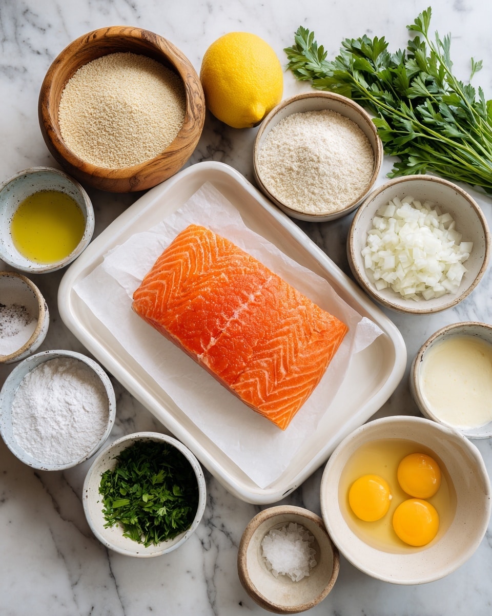 The image shows a fresh piece of bright orange salmon fillet placed on white paper in the center of a white rectangular tray. Around it, there are eight small white bowls and containers with different ingredients: light beige breadcrumbs in a wooden bowl, a whole yellow lemon, a small bowl of oil, a bunch of fresh green parsley, a bowl of white flour, a bowl of finely chopped white onions, a white bowl of creamy white sauce, and a white bowl filled with light yellow beaten eggs. All items are on a white marbled surface. photo taken with an iphone --ar 4:5 --v 7