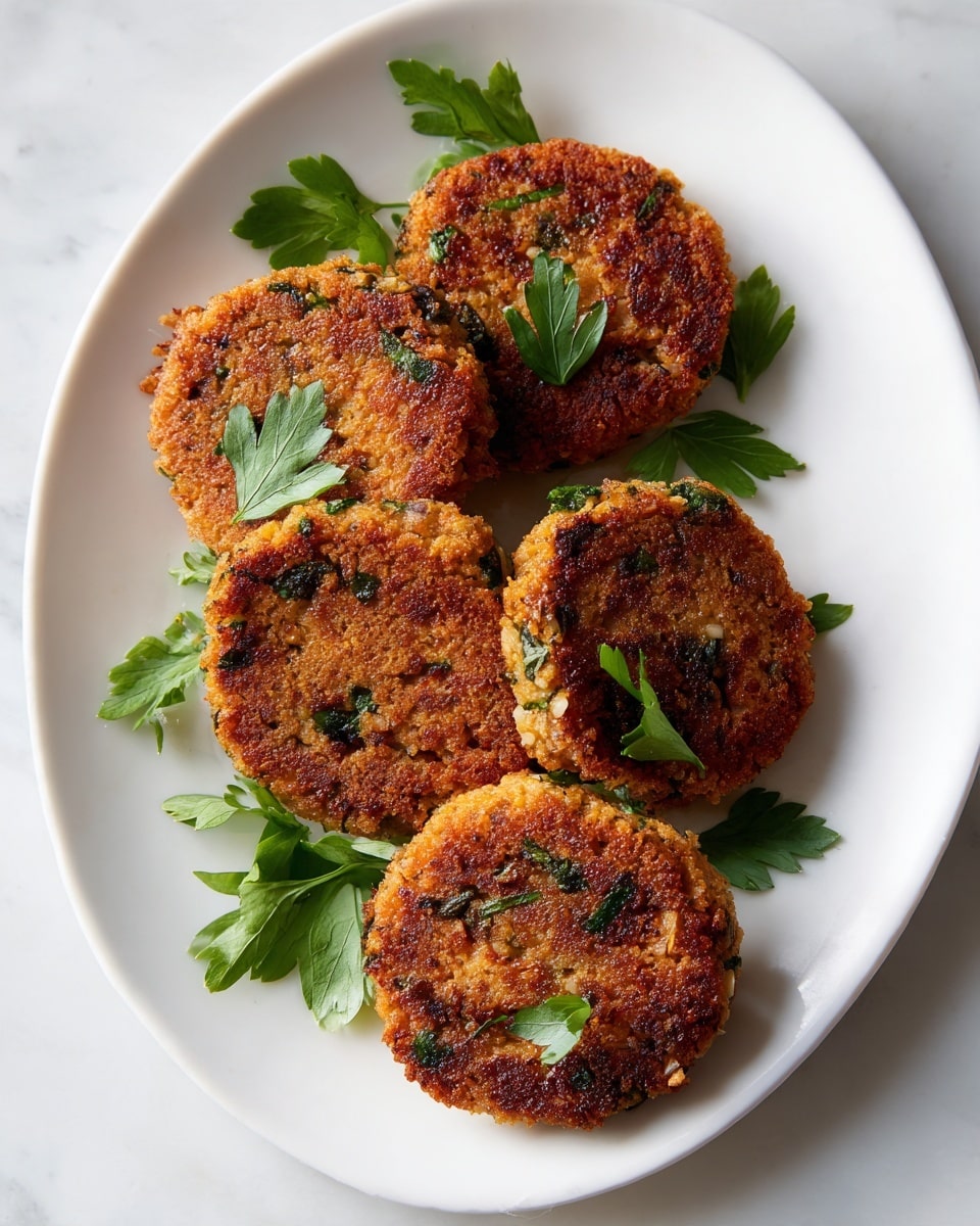 Four round, golden brown patties with a crispy texture are neatly lined up on a white oval plate. Each patty has a slightly uneven surface with visible small bits of green herbs mixed in. Fresh green parsley leaves are scattered on top and around the patties, adding a pop of color. The plate sits on a white marbled surface that softly reflects light. The overall look is warm and inviting, showing the patties as freshly cooked and ready to serve. photo taken with an iphone --ar 4:5 --v 7
