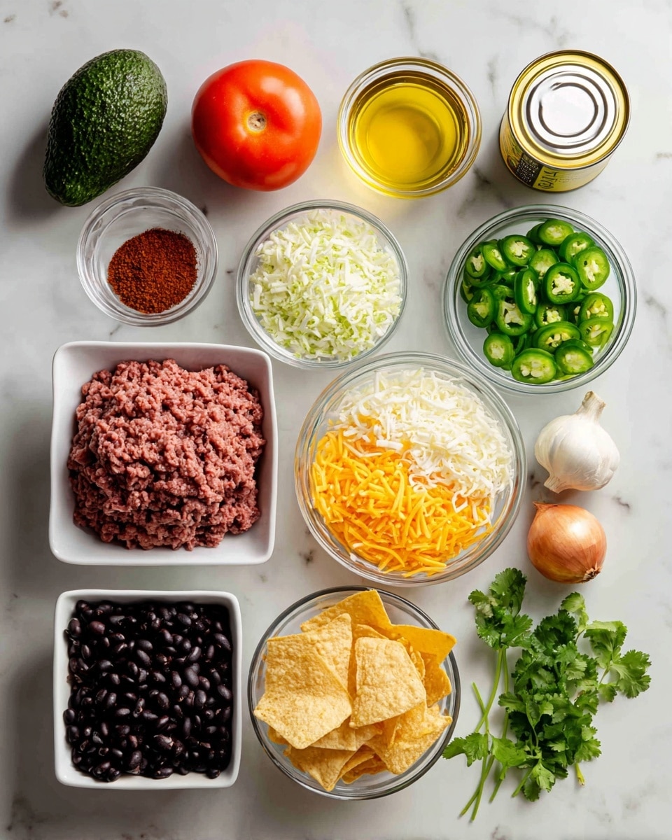 The image shows a white marbled surface with various fresh ingredients neatly arranged. Starting from the top left, there is a whole dark green avocado and a bright red tomato. Next to them are small glass bowls holding red chili powder, golden yellow oil, and white salt. A yellow can of traditional refried beans is placed near a small bowl of sliced green jalapeños. Two clear glass bowls contain shredded white cheese and shredded orange cheddar cheese, arranged side by side. Fresh chopped cilantro leaves and green onions with white bulbs rest on the right side. At the bottom left, a clear glass bowl contains raw ground beef, while another holds black beans. Two whole garlic cloves and a medium brown onion with its skin are placed near the center. A square white bowl filled with crunchy, light tan tortilla chips is located on the left center. The layout is clean and bright with a focus on natural colors and textures photo taken with an iphone --ar 4:5 --v 7