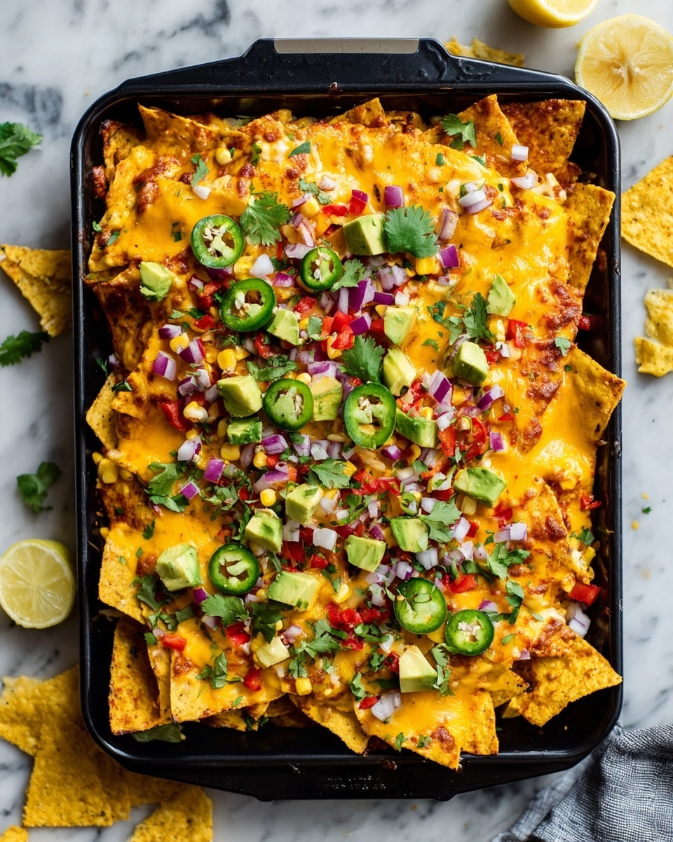 A black rectangular tray filled with three layers: the bottom layer is a bed of yellow tortilla chips, the middle layer has a mix of chopped vegetables including red onions, corn, and red peppers scattered evenly, and the top layer is melted orange cheddar cheese covering most of the chips. There are green avocado cubes and green cilantro leaves spread on top, along with round slices of dark green jalapeno peppers. The tray is set on a white marbled surface, with a few yellow tortilla chips and two lemon slices nearby. photo taken with an iphone --ar 4:5 --v 7