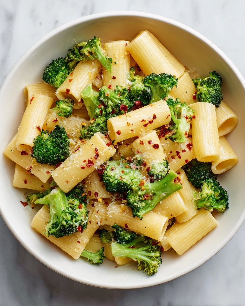 A white bowl holds a pasta dish with thick, tube-shaped rigatoni pasta mixed with small pieces of bright green broccoli. The rigatoni is light yellow and smooth, with some sprinkled red chili flakes and grated white cheese on top. The broccoli pieces have a fresh, textured look, sitting evenly among the pasta. The white marbled surface beneath the bowl adds a clean and simple background. photo taken with an iphone --ar 4:5 --v 7