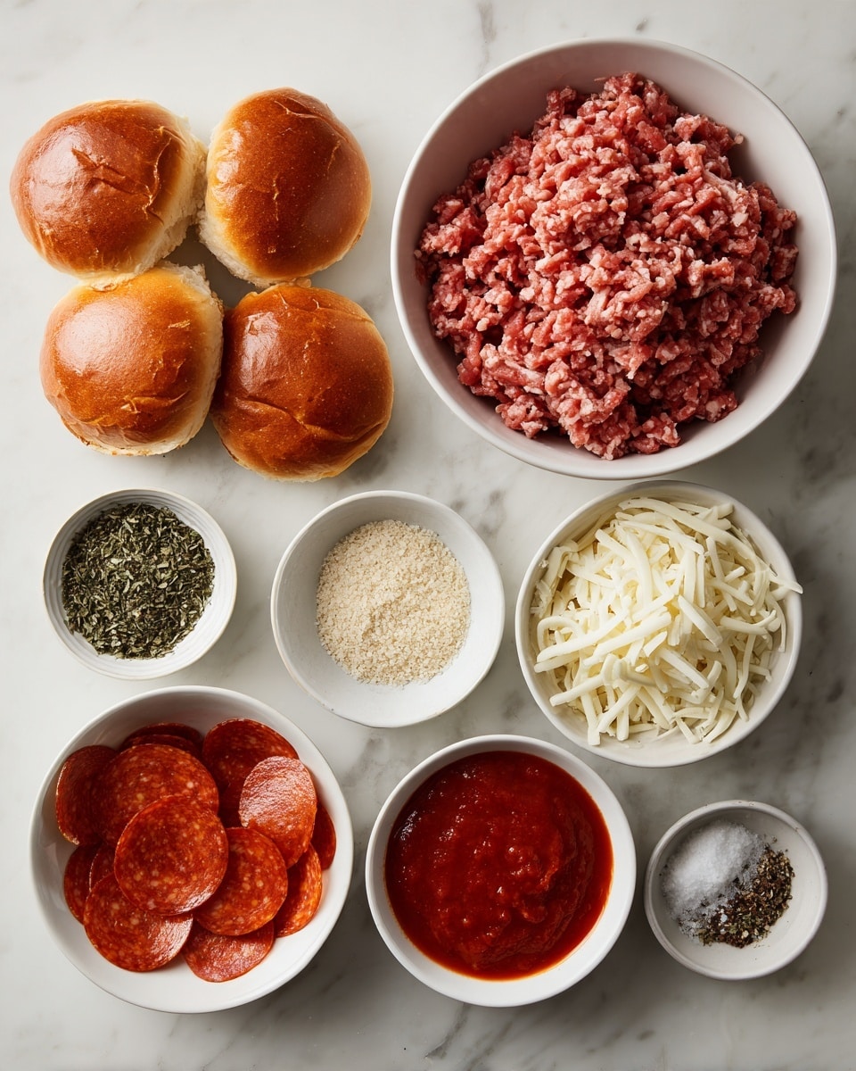 The image shows a white marbled surface with several small white bowls and four shiny, golden brown sandwich buns arranged neatly. One large bowl contains fresh, raw ground meat that is pink with a slightly coarse texture. Surrounding it are smaller bowls filled with dried herbs in greenish tones, light beige breadcrumbs, coarse white salt, and cracked black pepper. Another bowl holds shredded white mozzarella cheese with fine thin strips, while one white bowl contains bright red marinara sauce with a smooth, slightly chunky texture. The last bowl is filled with thin, round slices of pepperoni, showcasing a deep reddish-orange color. All items are evenly spaced and visually organized in a top-down view photo taken with an iphone --ar 4:5 --v 7