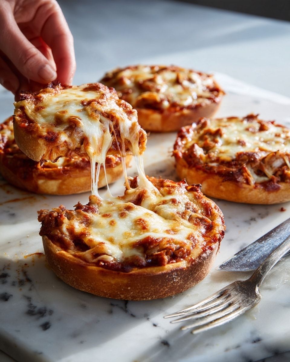 The image shows four round mini pizzas on a white marbled surface, each topped with melted golden-brown cheese that stretches as a slice is pulled apart by a woman's hand. The pizza crusts are thick and slightly browned on the edges, and beneath the cheese, a layer of red tomato sauce mixed with bits of cooked meat is visible. A silver fork and knife lie on the surface near the pizzas, emphasizing the casual dining setting. The lighting highlights the glossy melted cheese and the textures of the crust and sauce. photo taken with an iphone --ar 4:5 --v 7