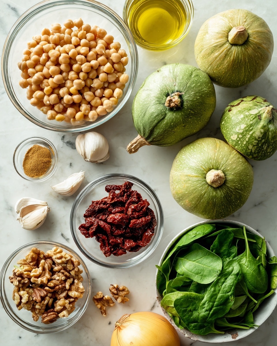 The image shows several fresh ingredients arranged on a white marbled surface. At the top left, there is a clear glass bowl filled with light beige chickpeas. Next to it on the right, two large green acorn squashes with a slightly ribbed texture sit side by side. Below the chickpeas, there are three garlic cloves and a small clear bowl of light brown powder, likely a spice. To the right of the garlic, a larger glass bowl is full of bright green fresh spinach leaves. Below the spinach is a small glass bowl filled with light and dark brown chopped walnuts. Above the walnuts, a small dish holds dark red sun-dried tomatoes soaking in oil. To the right of the walnuts and tomatoes, there is a whole yellow lemon and a whole light brown onion. The ingredients are neatly spaced and arranged on the smooth white marbled surface, creating a clean and fresh look. photo taken with an iphone --ar 4:5 --v 7