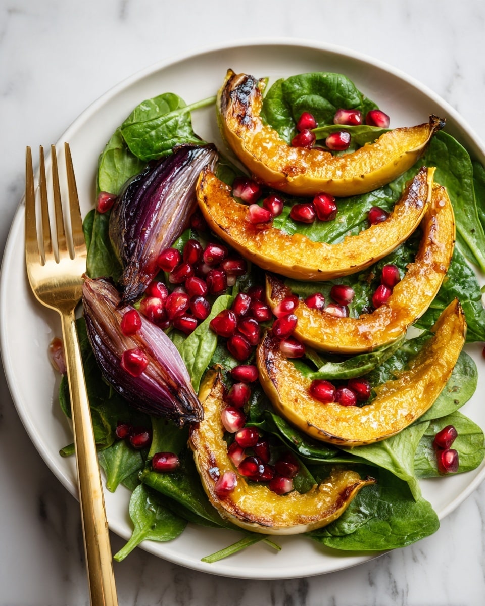A white plate with fresh green spinach leaves spread as the base layer, bright red pomegranate seeds scattered evenly on top adding small pops of color, three roasted acorn squash slices with a slightly charred golden brown surface arranged along the top right side, and one roasted deep purple onion wedge with dark caramelized edges placed on the left side. A gold fork rests diagonally on the left edge of the plate. The plate sits on a white marbled surface. Photo taken with an iphone --ar 4:5 --v 7