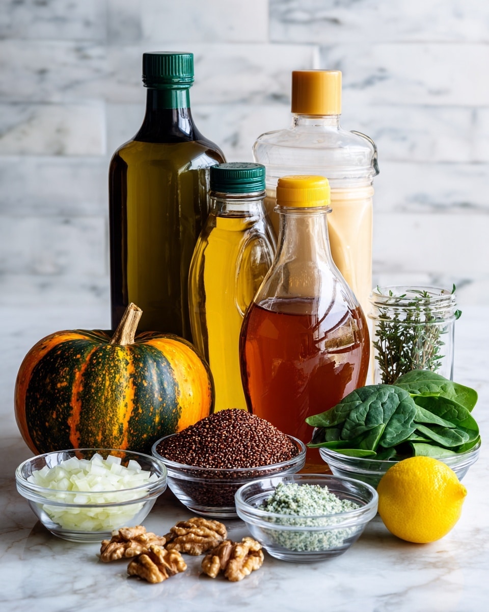 The image shows a collection of cooking ingredients arranged on a white marbled surface. There are two small pumpkins, one orange with green patches on the left and a dark green round one next to it. Behind them, there is a large dark green bottle of avocado oil on the left, a beige jug of maple syrup with a green cap in the middle, and a clear plastic bottle of wildflower honey with a yellow cap on the right. In the front, small clear glass bowls hold different ingredients: chopped onions with a white color and soft texture on the left, reddish-brown quinoa in the middle, a bowl of light green-blue crumbly cheese to the right, some walnuts placed behind the bowls, and fresh green spinach leaves in another glass bowl to the right. A bright yellow lemon sits in front on the right side, and a small jar of French thyme with a silver lid stands next to it. The background is a white marbled wall, keeping the overall scene clean and bright. photo taken with an iphone --ar 4:5 --v 7