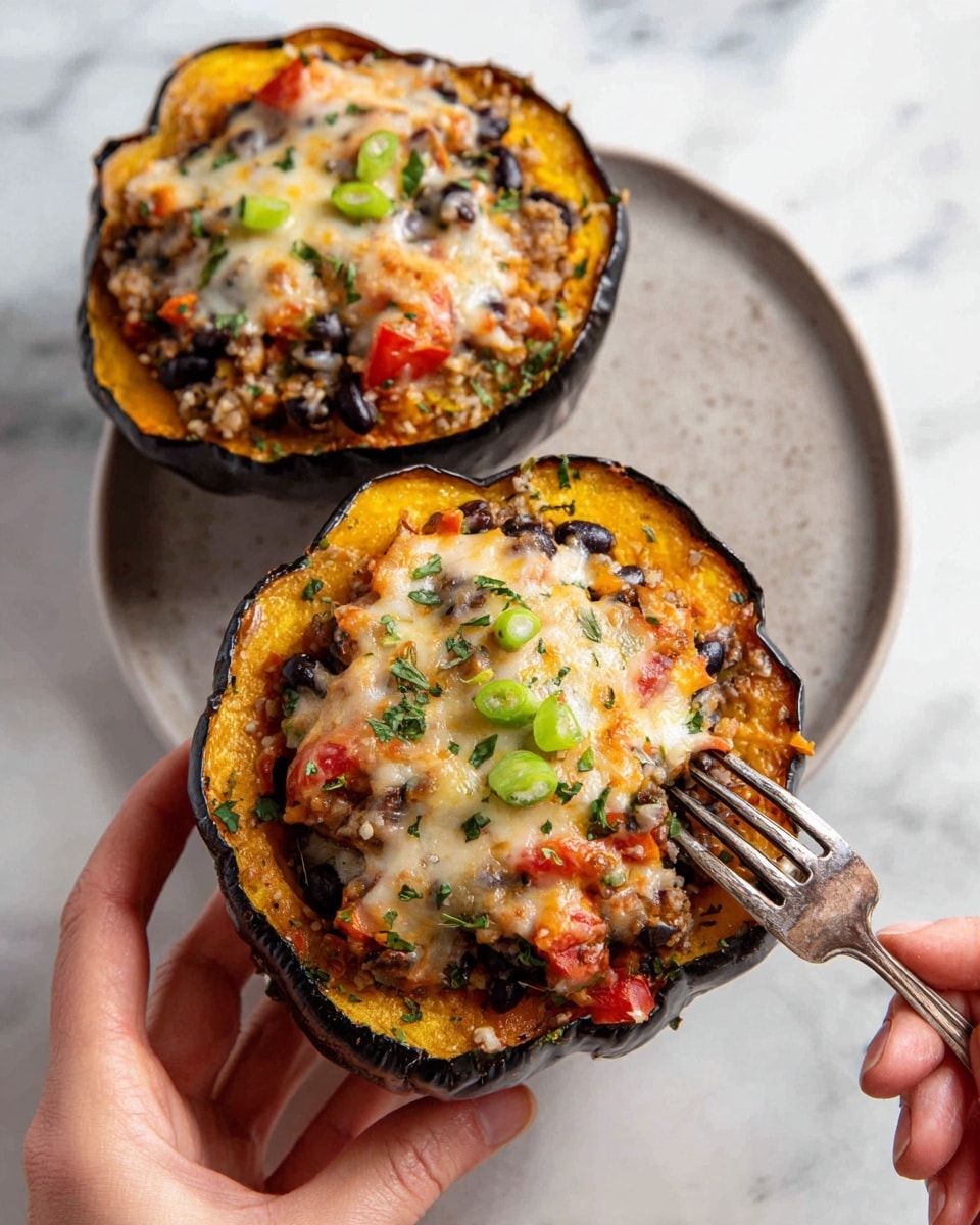 Two stuffed acorn squash halves sit on a white marbled surface, each with three main layers inside the dark roasted shell: a bottom layer of yellow-orange roasted squash, a middle layer of mixed filling with red diced tomatoes, black beans, and brown rice, then a top layer of melted white and orange cheese bubbling slightly, garnished with bright green sliced scallions and chopped herbs. One half is held by a woman's hand using an old silver fork, pressing into the cheesy, textured filling. Photo taken with an iphone --ar 4:5 --v 7