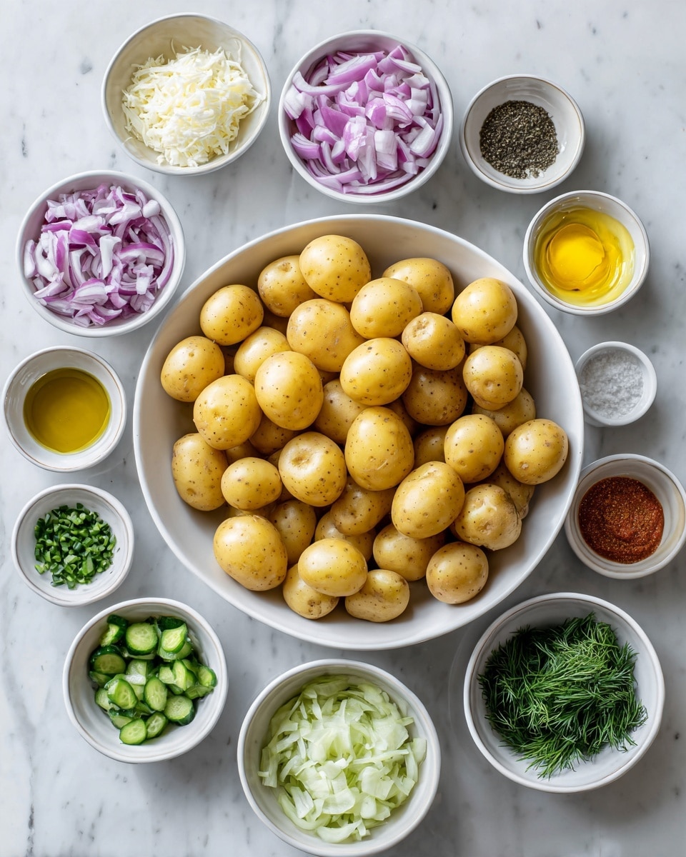 The image shows many small, round yellow potatoes piled in a large white bowl in the center. Around this are small white bowls with various ingredients: diced red onions, olive oil, chopped pickles, lemon juice, black pepper, minced garlic, honey, hot sauce, salt, chopped green cucumber, fresh dill leaves, mayonnaise, and sour cream. There is also a bowl with chopped green herbs, possibly chives. All bowls and ingredients sit on a white marbled surface, arranged neatly in a circle around the central bowl. The colors are soft and natural, with the white bowls making the colors of the food stand out. photo taken with an iphone --ar 4:5 --v 7