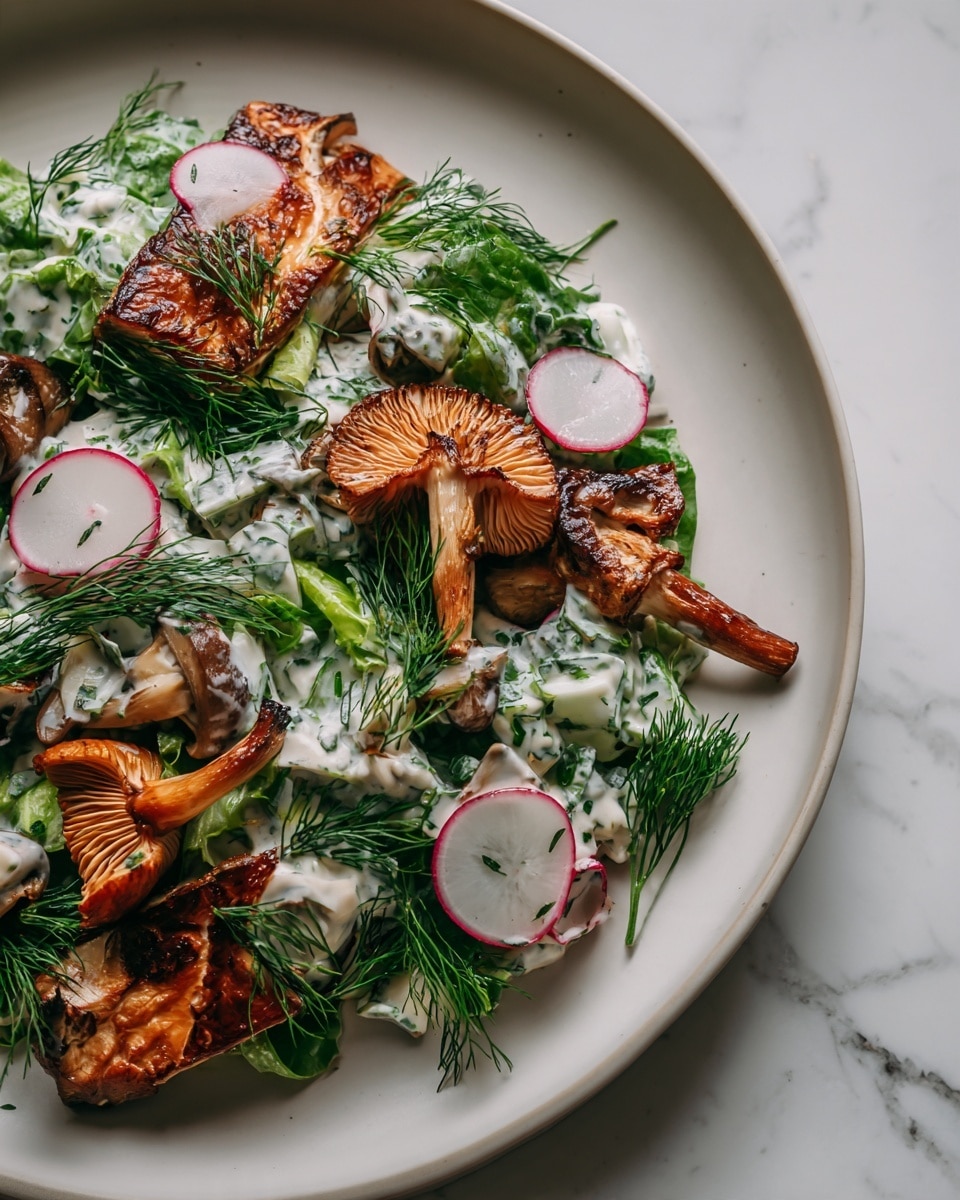 The image shows a close-up of a salad on a white plate placed on a white marbled surface. The salad has three main layers: a creamy white dressing mixed with light green chopped celery and dark green herbs, thin slices of radish with crisp white centers and pink edges scattered throughout, and large pieces of golden brown roasted mushrooms with a crispy texture on top. Fresh green dill fronds add a touch of brightness and freshness across the salad. Photo taken with an iphone --ar 4:5 --v 7