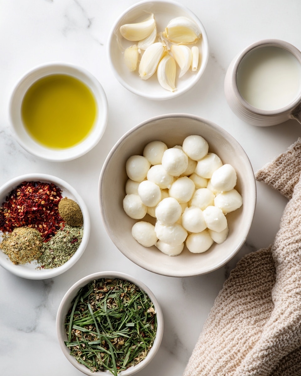 The image shows a white bowl full of small, round, white mozzarella balls placed near the center on a white marbled surface. Surrounding this bowl are four smaller white dishes: one at the top contains pale, thinly sliced garlic; to the left is a dish filled with a greenish-yellow oil; below that is a dish with mixed dried herbs and spices in red, green, and brown colors; at the bottom is a dish with chopped green herbs like chives, dill, and basil. On the right side of the scene, there is a small cup with a white liquid, likely milk or cream, and a beige knitted cloth. The setup is bright, clean, and arranged neatly. photo taken with an iphone --ar 4:5 --v 7