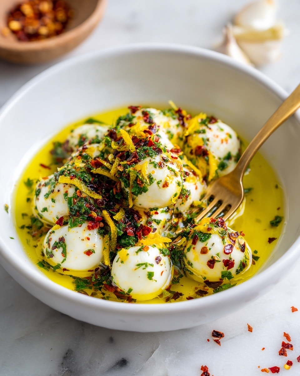 A white bowl filled with two main layers: a bottom layer of bright yellow olive oil mixed with herbs and spices, and a top layer of small white mozzarella balls covered in green chopped herbs and red chili flakes, mixed with thin yellow lemon peel strips. A gold fork is stuck into the mozzarella balls on the right side of the bowl. The bowl sits on a white marbled surface with some red chili flakes scattered around, part of a lemon and a wooden bowl with chili flakes visible near the edges. photo taken with an iphone --ar 4:5 --v 7