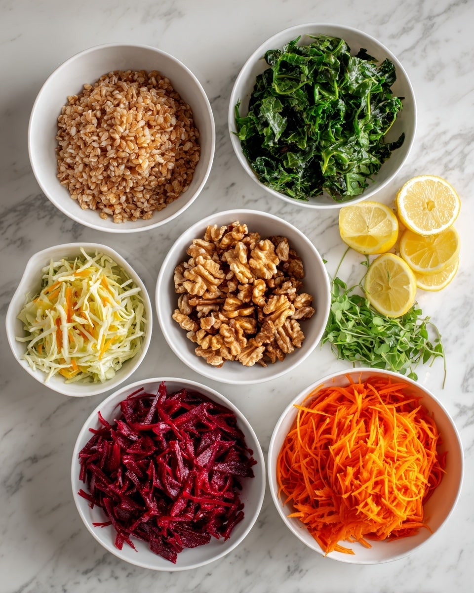 The image shows seven white bowls arranged neatly on a white marbled surface, each filled with a different ingredient. There is one bowl with light brown cooked grains placed at the bottom left, next to a bowl of dark green leafy vegetables above it. In the center is a bowl with walnut pieces. To the right of that, a bowl is filled with bright orange shredded carrots, and next to it are two lemon wedges and some green herbs. Below the carrot bowl is a bowl containing deep red shredded beets. The last bowl, at the top left, holds light-colored shredded pieces. The whole setup looks clean and fresh with vibrant colors of the ingredients. Photo taken with an iphone --ar 4:5 --v 7