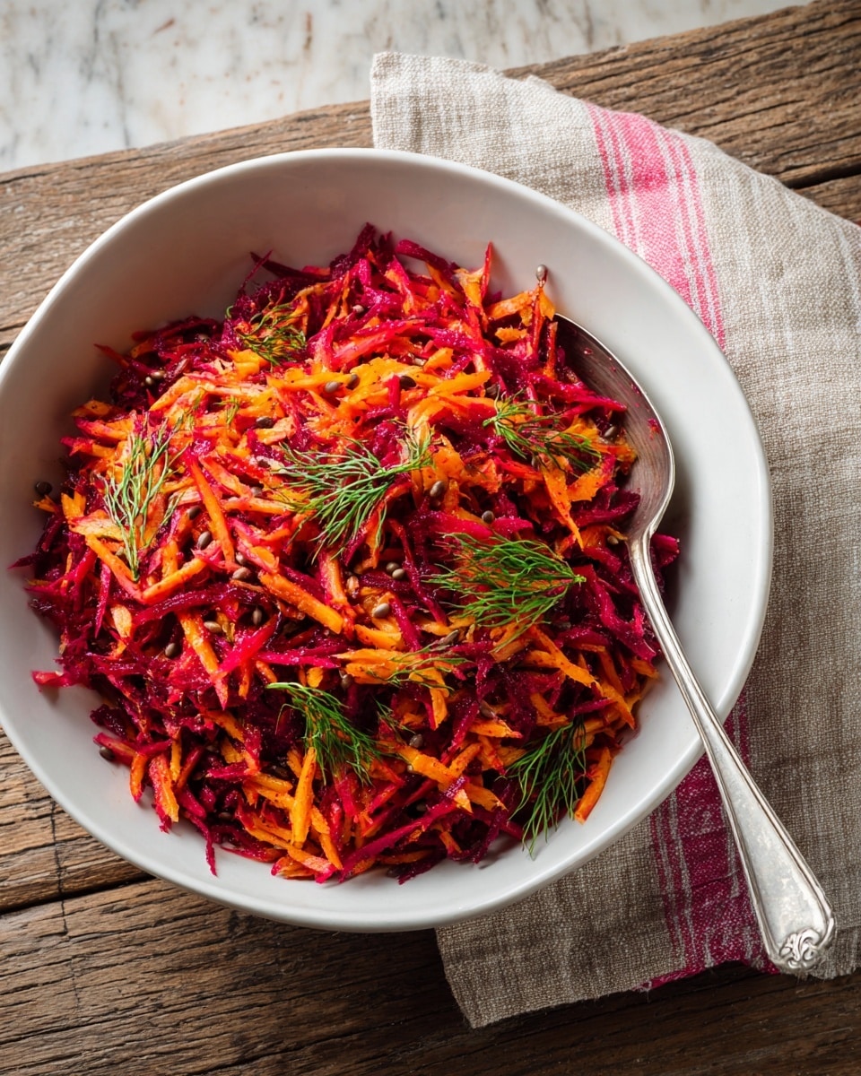 A white bowl filled with a colorful salad made of shredded bright red and orange vegetables, likely beets and carrots, mixed with small dark seeds or grains. The top is decorated with fresh green dill sprigs. On the right side inside the bowl is a silver spoon resting against the bowl’s inner edge. The bowl is placed on a brown wooden surface next to a beige and pink striped cloth. The background is a white marbled texture. photo taken with an iphone --ar 4:5 --v 7