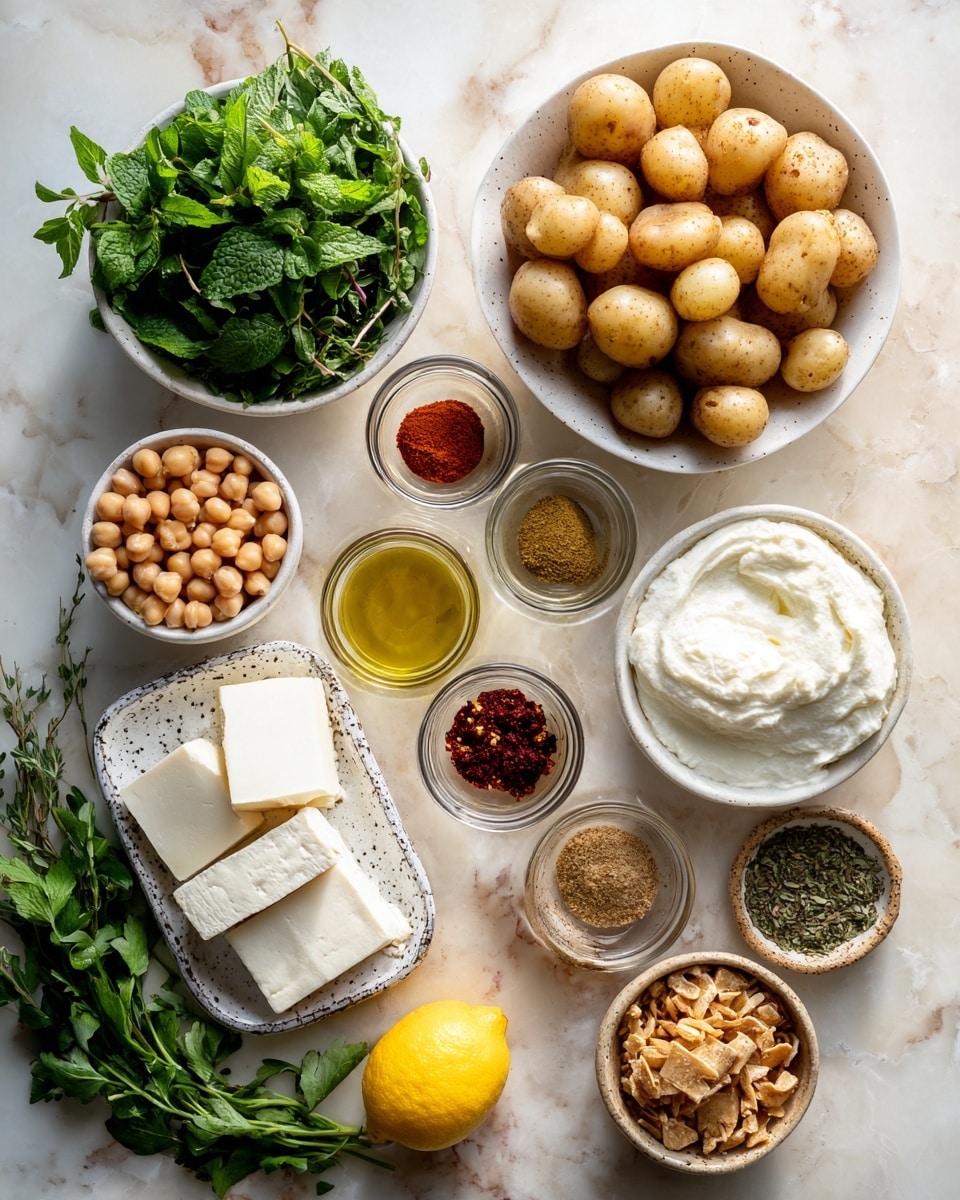 The image shows a flat lay of various ingredients on a white marbled texture. Starting from the top right, there is a white bowl filled with light brown, small potatoes. Below that, slightly to the left, a white bowl contains light beige chickpeas. To the left of the chickpeas is a white bowl with green leafy herbs, including mint and parsley. In the middle, just above the chickpeas, there are four small clear glass bowls with different ingredients: golden olive oil, a reddish spice, a greenish spice, and a dark red sauce. To the left bottom corner, a lemon sits beside some fresh green herbs. Below and to the right of the chickpeas is a small white bowl with a smooth white creamy substance. In the bottom left corner, a white dish with black speckles holds white blocks of soft cheese, and next to it a small brown bowl contains some crunchy, golden-brown bits. The surface and layout give a clear, fresh, and organized look of the cooking elements. Photo taken with an iphone --ar 4:5 --v 7