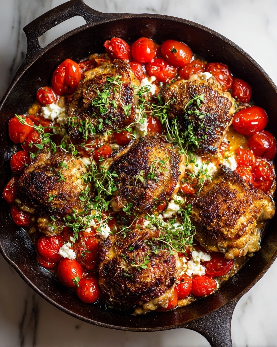 The dish shows five pieces of golden brown fried chicken thighs with crispy skin placed in a cast iron pan. The chicken thighs are laid over a base layer of bright red cooked cherry tomatoes that have a juicy, slightly soft texture. Small chunks of white cheese are scattered over the chicken and tomatoes, adding contrast to the red and golden colors. Fresh small green herb leaves are evenly spread on top, adding a touch of green to the dish. The pan sits on a white marbled surface. photo taken with an iphone --ar 4:5 --v 7