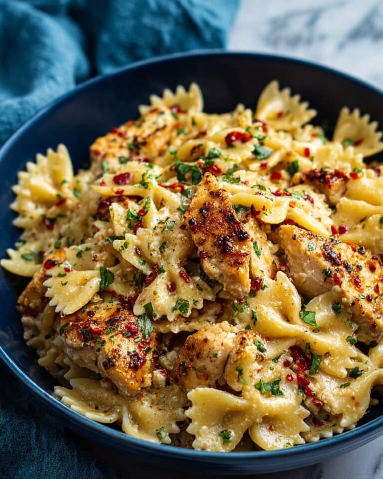 Parmesan Roasted Red Pepper Chicken Bowties in Garlic Cream Recipe