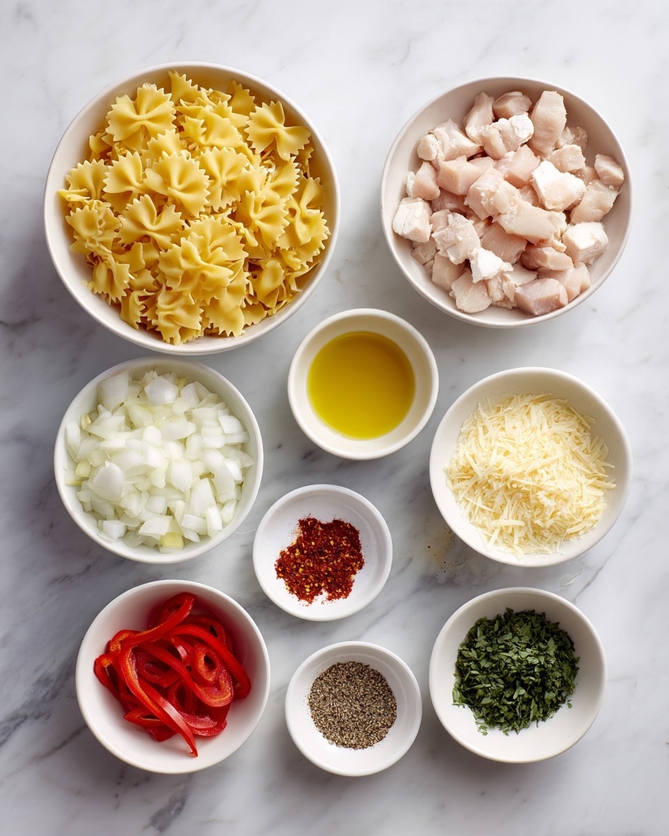 Nine white bowls are neatly placed on a white marbled surface, each containing different ingredients for cooking. The largest bowls hold yellow farfalle pasta on the top left and small diced light pink chicken pieces on the top right. To the right of the pasta is a small bowl of golden olive oil. Below the chicken are finely diced white onions and bright red roasted pepper strips side by side. A larger bowl of white cream is next to the onions, and a similar sized bowl with pale yellow grated cheese is on the far right. In the middle are smaller bowls with chopped garlic cloves, mixed ground spices including black pepper and paprika, and dry red chili flakes. The bottom right bowl holds fresh chopped green herbs. The arrangement is clean and organized, all set on the white marbled background, photo taken with an iphone --ar 4:5 --v 7