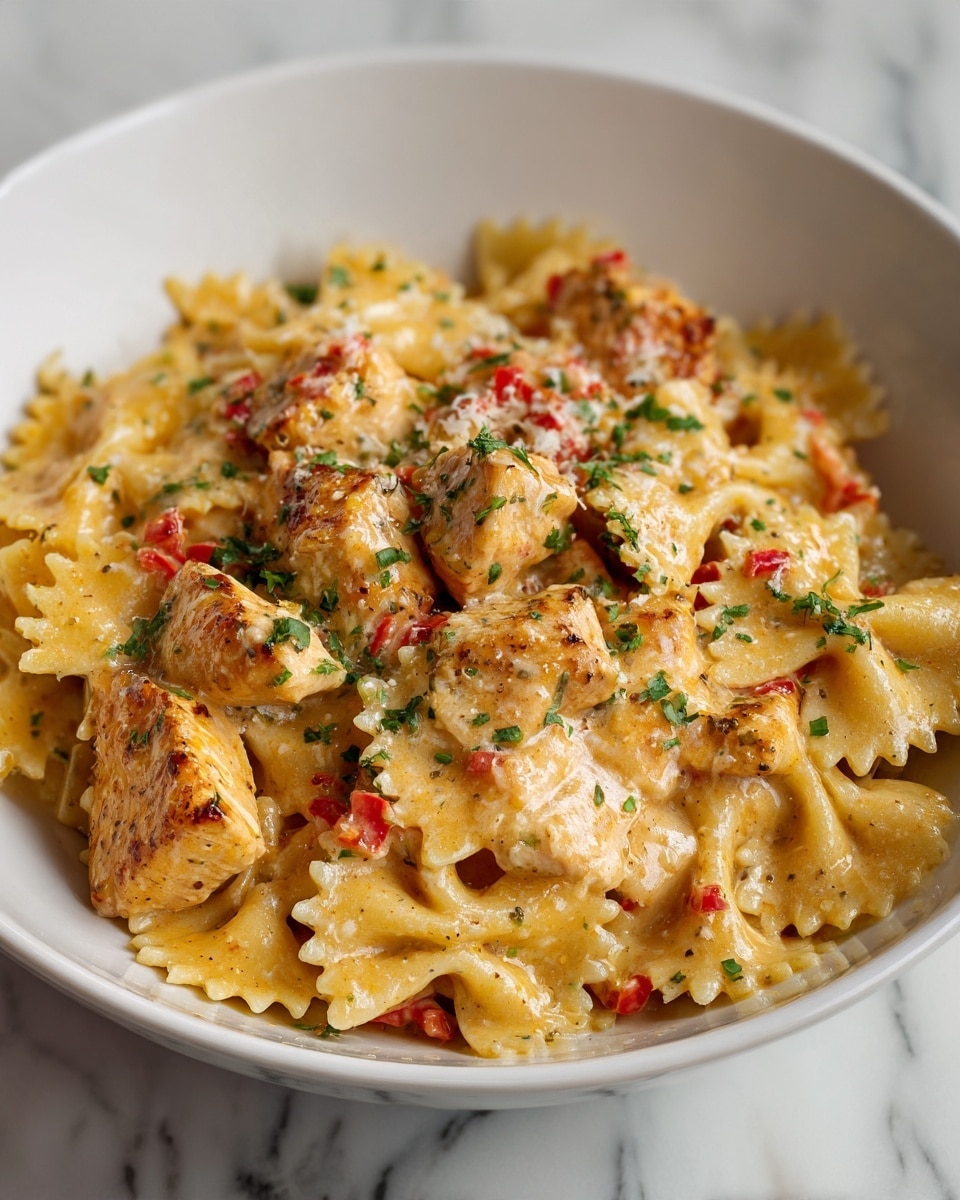 The dish shows a close-up of farfalle pasta mixed with chunks of white chicken pieces and small red bell pepper bits, all coated in a creamy sauce with a golden-brown tint. There are visible green herbs scattered on top for color and freshness, blending with the slightly melted cheese covering the pasta and chicken. The textures look rich and soft with slight crispiness in some areas. The food is placed in a white bowl on a white marbled surface. The photo taken with an iphone --ar 4:5 --v 7